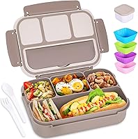 Shell and Turtle Bento Box Adult Lunch Box: 4 Compartments, 40oz Leakproof Container with Utensils, Sauce Jar, Muffin Liners - Microwave & Dishwasher Safe, Brown