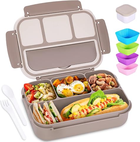 Adult Bento Lunch Box with 4 Compartments, Utensils, Sauce Jar, and Muffin Liners, 40 Oz, Microwave & Dishwasher Safe, Brown