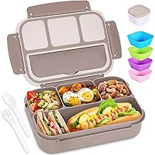 Bento Box Adult Lunch Box, Containers for Adults Men Women with 4 Compartments, Lunchable Food Container with Utensils, Sauce Jar, Muffin Liners, 40 Oz/5 Cup, Microwave &amp; Dishwasher Safe, Brown