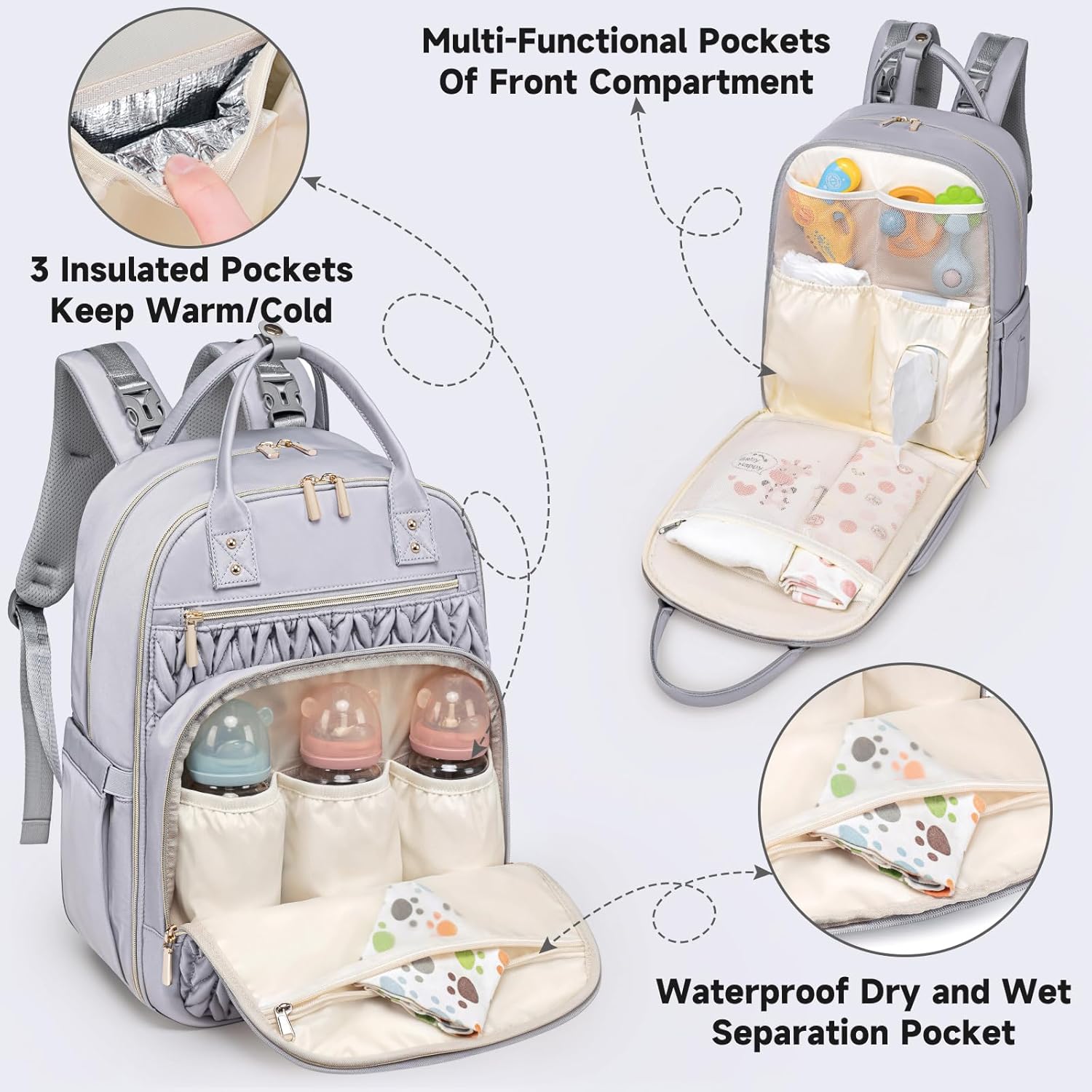 Diaper Bag Backpack,Stylish Baby Diaper Bag,Waterproof Travel Diaper Backpacks Baby Bags with Changing Pad,Stroller Straps,Insulated Pockets (Gray) - Image 3