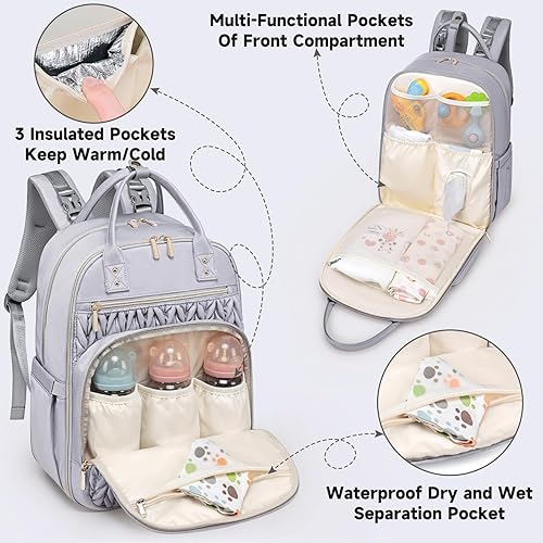 Miniatura 3 de Mochila para pañales, elegante bolsa de pañales para bebé, mochila de pañales de viaje impermeable con cambiador, correas para cochecito, Gris,