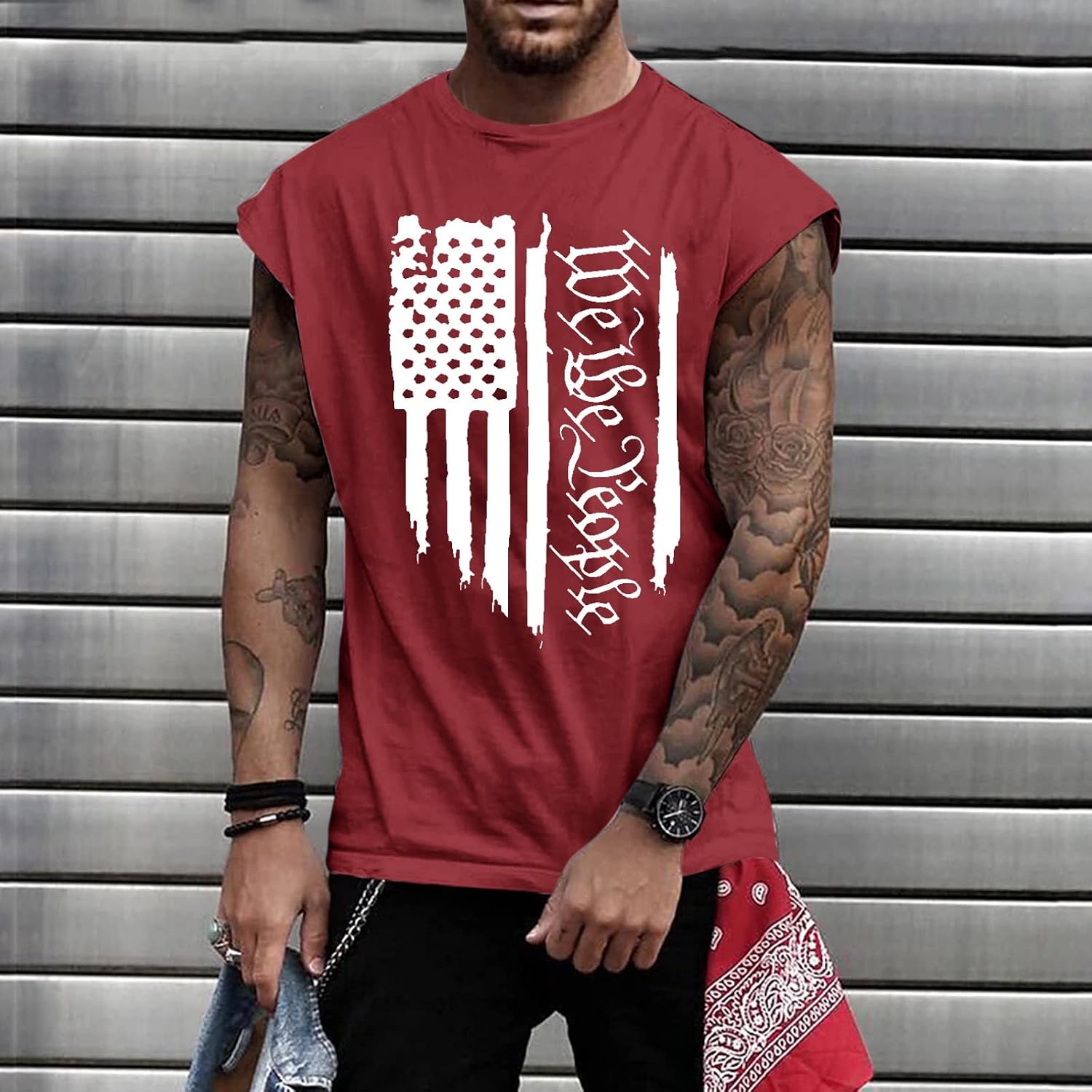 WENKOMG1 Men's USA Tank Top Sleeveless We The People Flag Print Summer Casual Athletic Workout Gym Bodybuilding Shirts