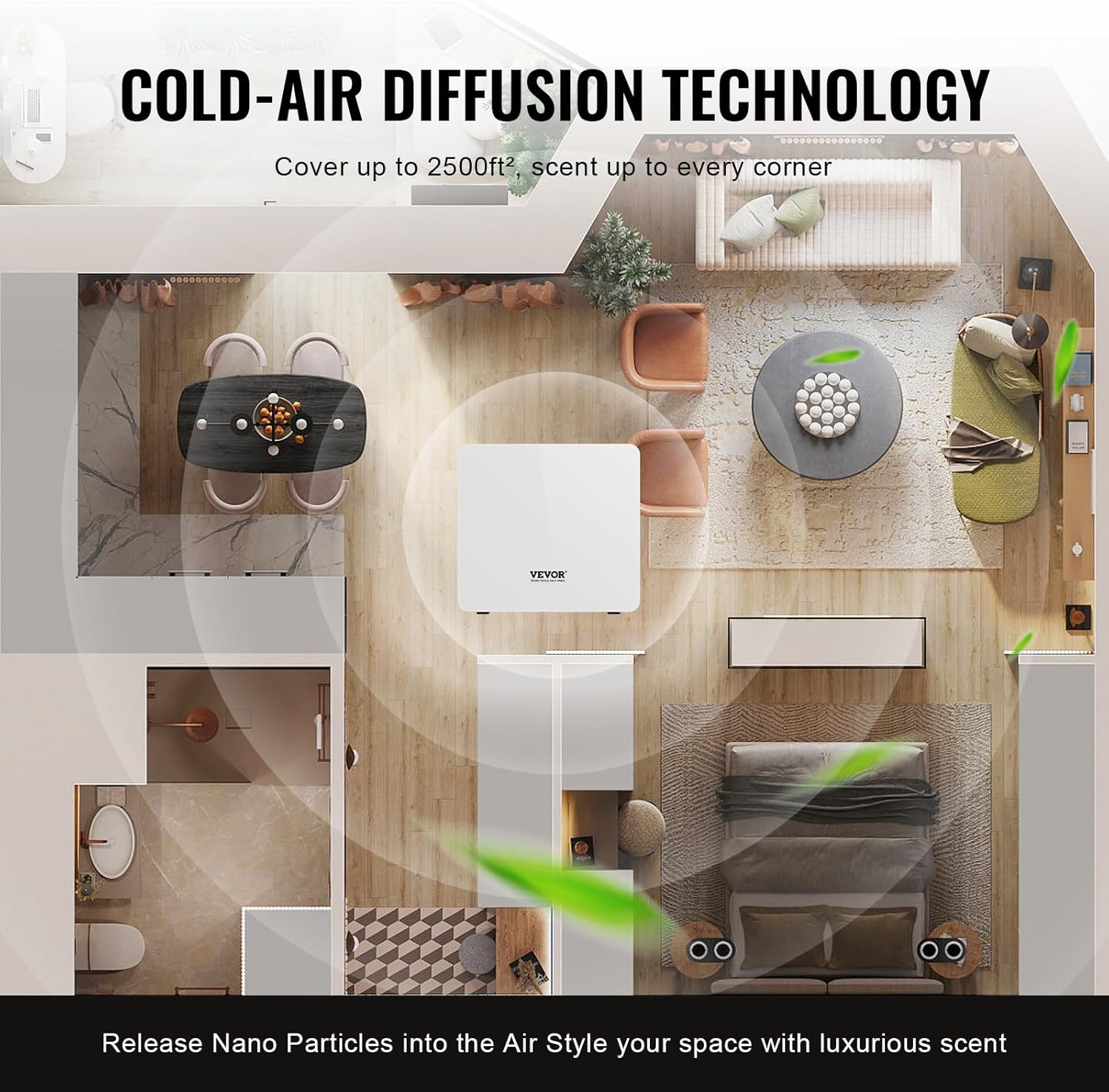 VEVOR Scent Air Machine for Home, 480ml Bluetooth Smart Essential Oil Diffuser with Cold Air Tech, Waterless Scent Diffuser Cover Up to 2500sq.ft for Business Office, Hotel, Spa, Large Room