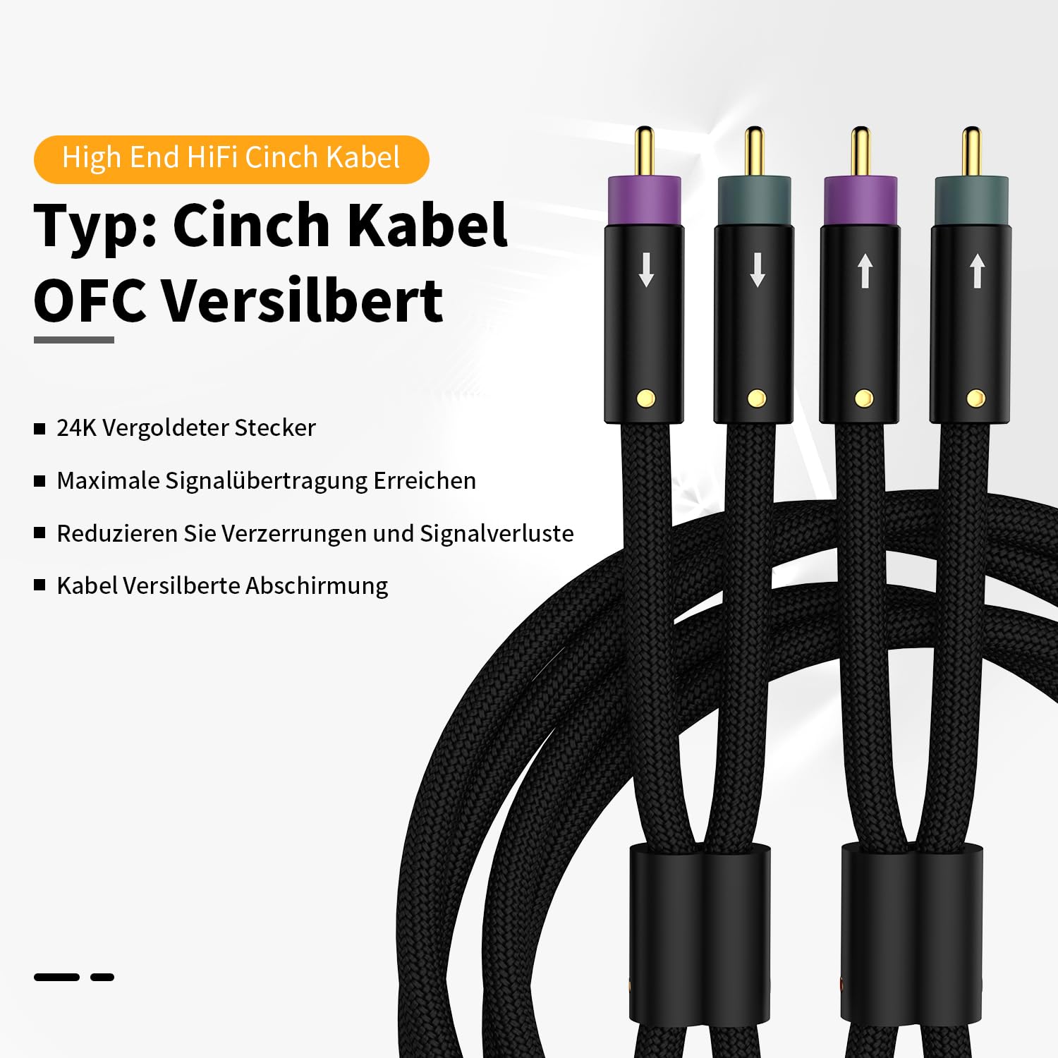 Tertullus High-End kabel cinch audio do gramofonu, kina domowego i instalacji HiFi, OFC srebrzone złociste złącza 24k (2m/6.56ft)