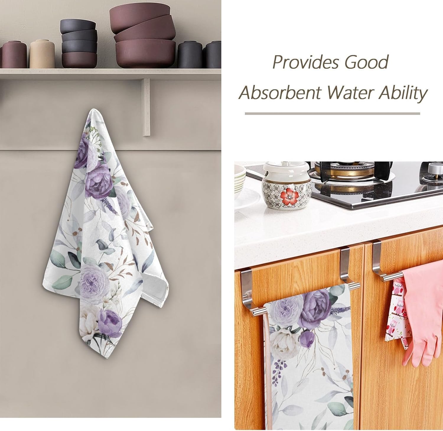 Purple Peony Rose Flower Hand Towels for Bathroom Set of 2 Microfiber Spring Green Eucalyptus Floral Leave Kitchen Dish Towels Decorative Bathroom Towels for Bath Face Guest Shower 14"x28" - Image 7