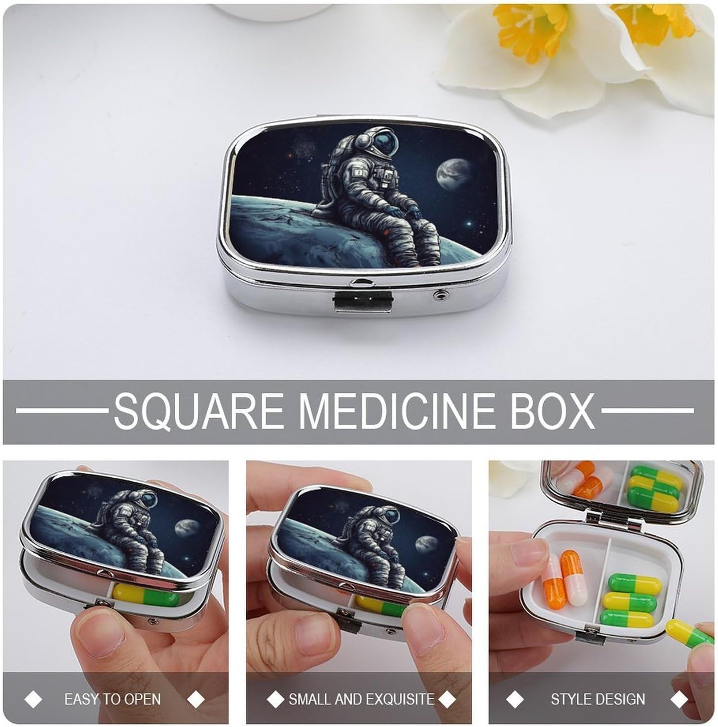 Astronaut Space Square Pill Case, Metal Pill Organizer image 4