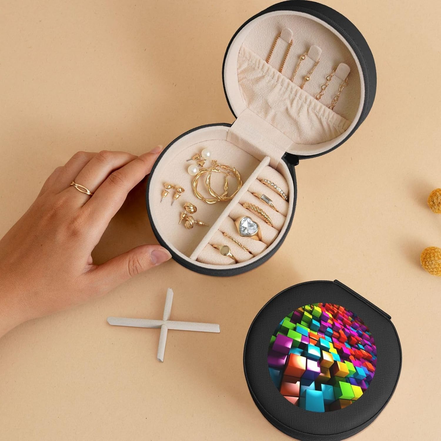 Travel Jewelry Box Leather Small Jewelry Organizer for Women,Portable Jewelry Case 3D Colorful Cubes Display Storage Holder Boxes Mini Jewelry Travel Case for Necklace Rings image 5