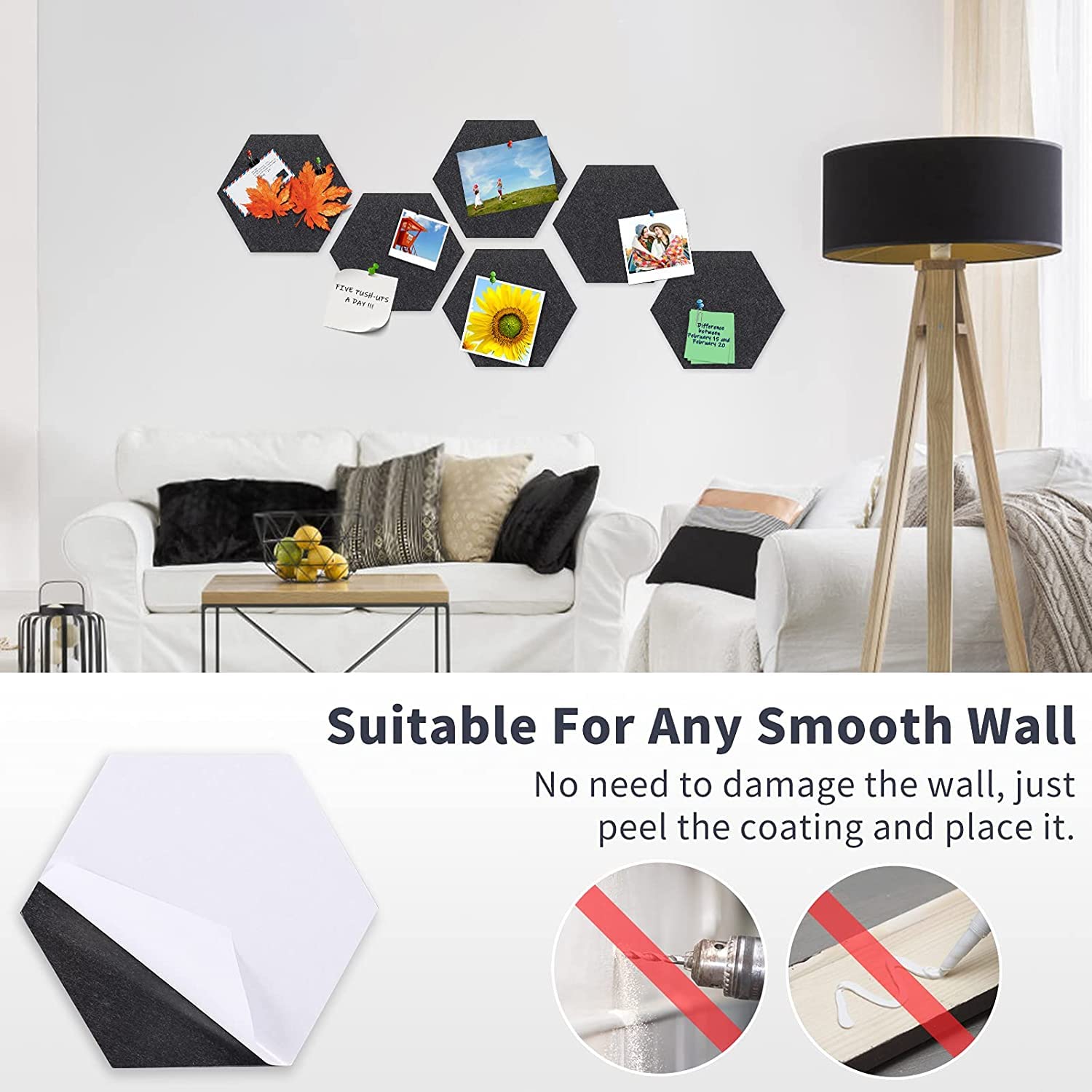 Tablones de anuncios de fieltro hexagonal, tablones de anuncios de fotos, tableros de notas autoadhesivos con pasadores para pared, oficina, aula, decoración del hogar, 6 piezas (negro)