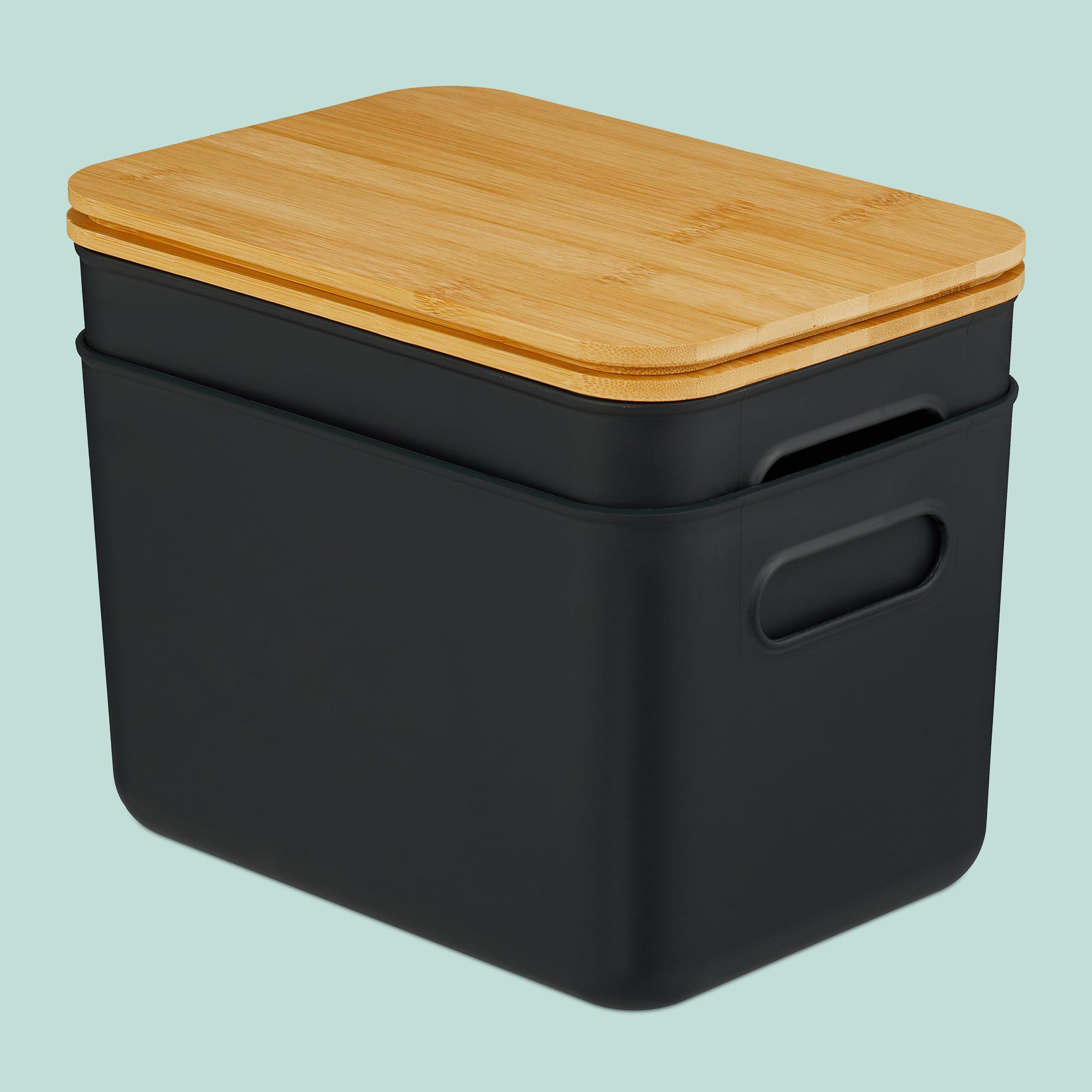 Relaxdays Set de 4 Cajas de Almacenamiento con Tapa, plástico y bambú, Asas, 16x26x17.5 cm, Negro