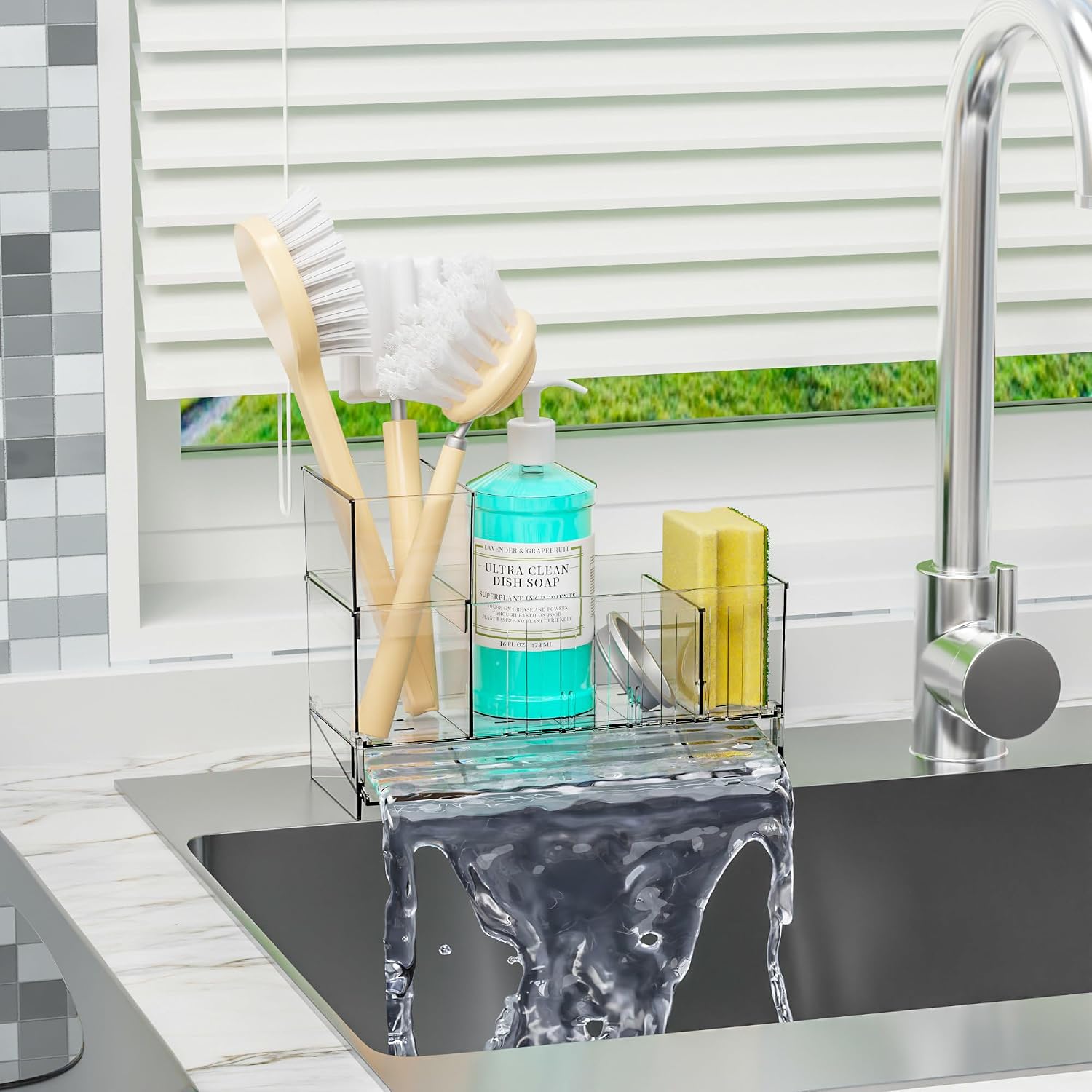 SuoXing Clear Sink Caddy & Sponge Holder with High Scrub Brush Holder