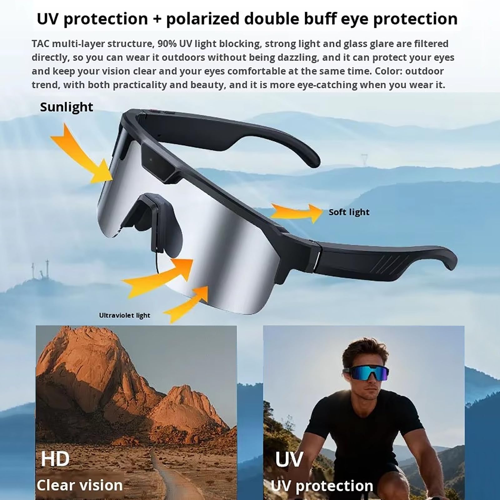 Gafas Inteligentes Con Ia, Cámara De 8 Mp, Lentes UV + Polarizadas, Bluetooth, Compatibles Con ChatGPT/Grabación/Traducción Sincrónica, Gafas Para Llamadas Durante Ciclismo Al Aire Libre Orange