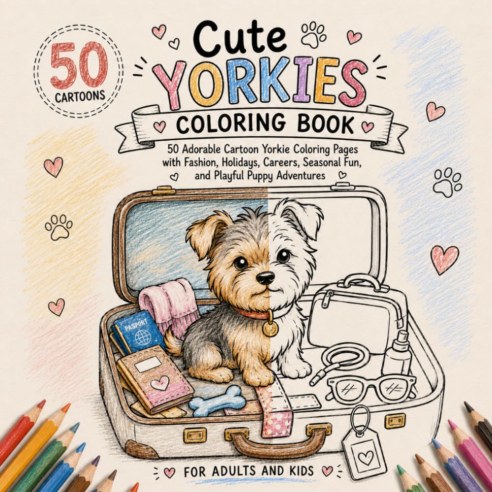 Yorkies Coloring Book: 50 Adorable Cartoon Yorkie Coloring Pages with Fashion, Holidays, Careers, Seasonal Fun, and Playful Puppy Adventures (Cozy Dog Adventures Coloring Book Series)