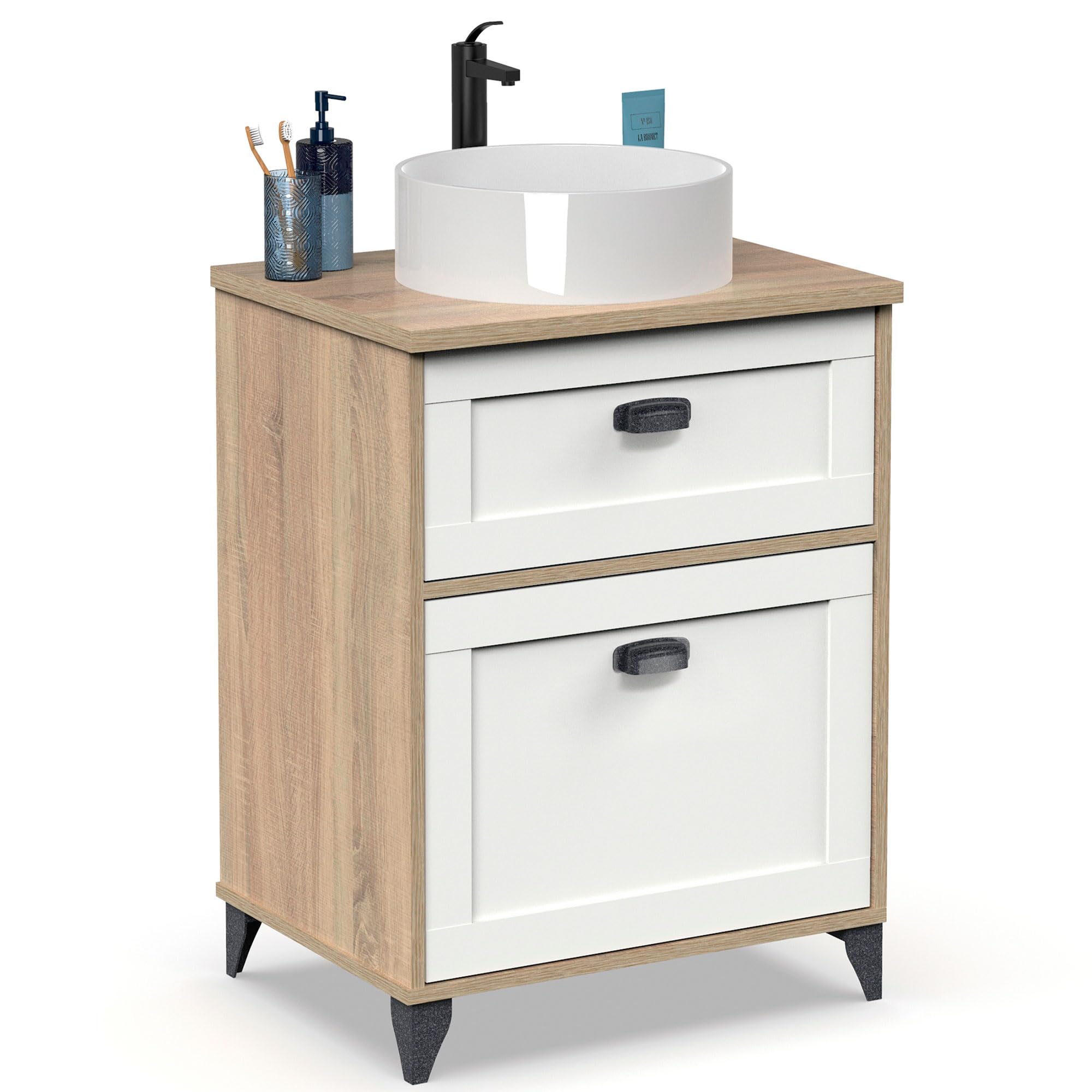 Briebe Mobile Bagno Eterna 80x61x47 Cm – Bianco E Rovere, Con Cassetto A Chiusura Progressiva E Porta, Per Lavabo Sopra Piano - 5