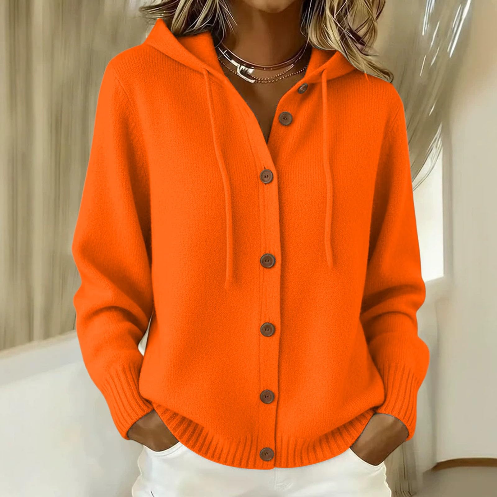 Cardigan Lavorato A Maglia Con Cappuccio Da Donna Abbottonato Con Coulisse