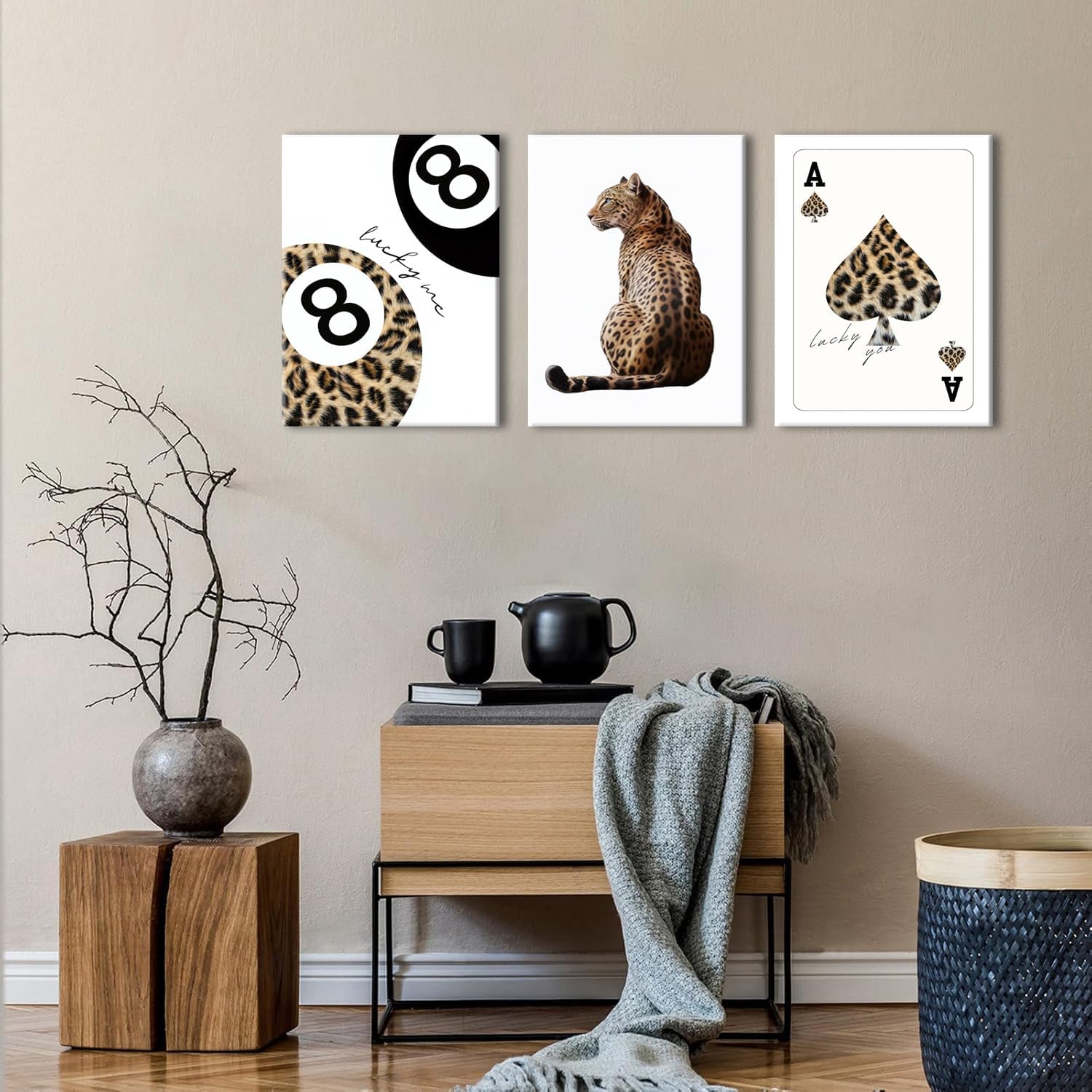 Trendy Leopard Canvas Wall Art Set of 3 - Cheetah Prints Wall Decor Pictures, Funky Lucky You 8 Ball Poster Preppy Aesthetic Paintings, for Girls Bedroom Dorm Apartment 12x16 inch Framed