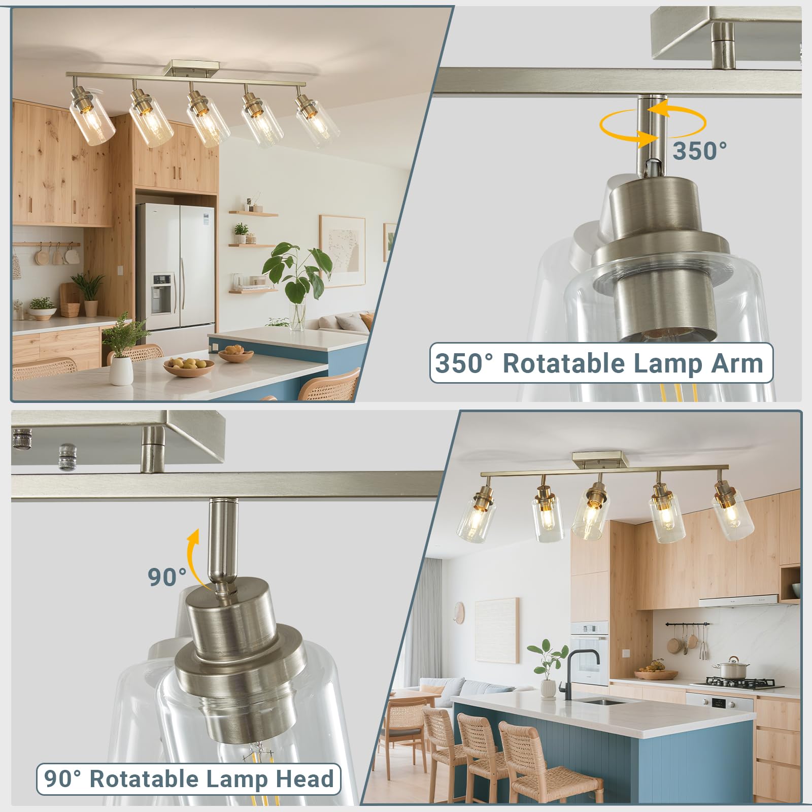 LOUSACE 5-flammiges Schienenbeleuchtungs-Set aus gebürstetem Nickel mit klarem Glas, moderne Schienenleuchten, bündig an der Decke, Tracking, Schminktischbeleuchtung, drehbarer Strahler für Küche