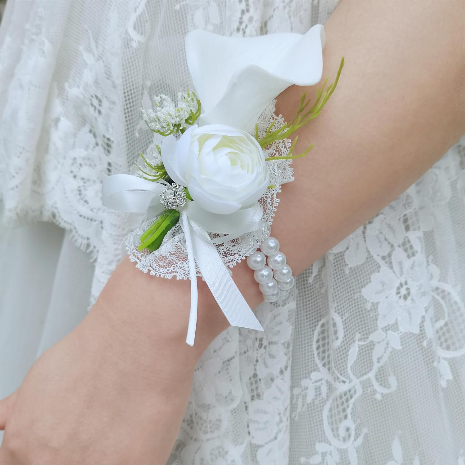 YIFUwedding Bride and Groom's Chest Flower, Wrist Flower (6 White Wrist Flower)