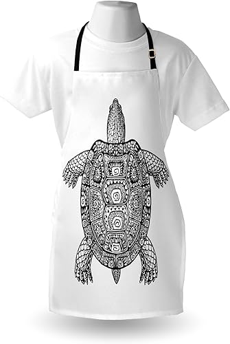 Miniatura 3 de Ambesonne Delantal de tortuga, patrones tribales en ilustración de tortuga, estampado monocromático de tortuga, babero de cocina unisex con cuello