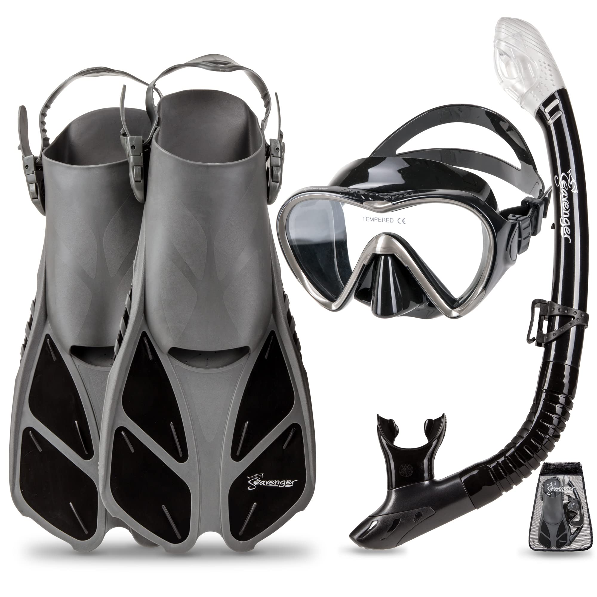 Seavenger Schnorchel-Set für Erwachsene, Dry-Top-Schnorchel/Trek-Flosse/Einzellinsenmaske/Ausrüstungstasche, Blau/Rot/Gelb/Schwarz/B