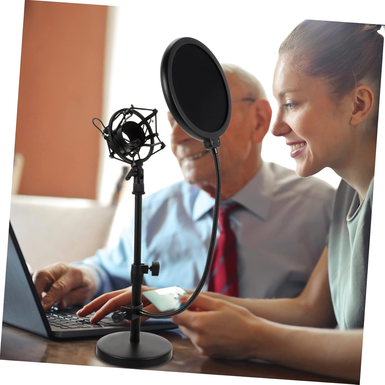 1 Set Adjustable Tabletop Microphone Stand with Mic Holder Filter Durable Stable Desktop Mic Stand for Live Streaming Radio Broadcasting Audio Recording