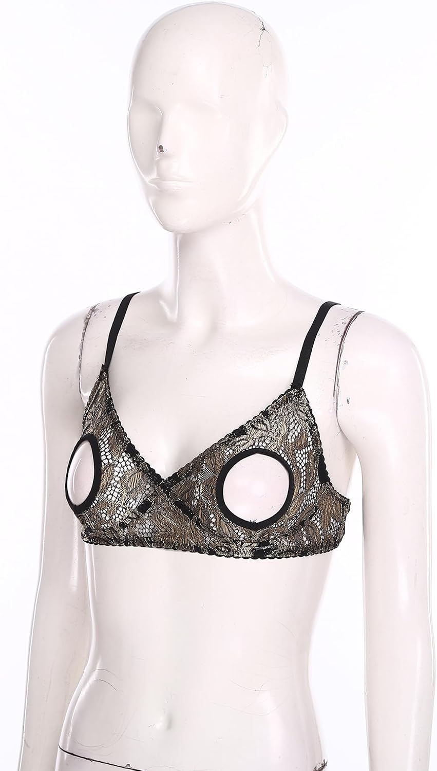 FEESHOW Womens Hollow Out Lace Lingerie Bra Adjustable Straps Open Nipples Plus Size Bra Tops