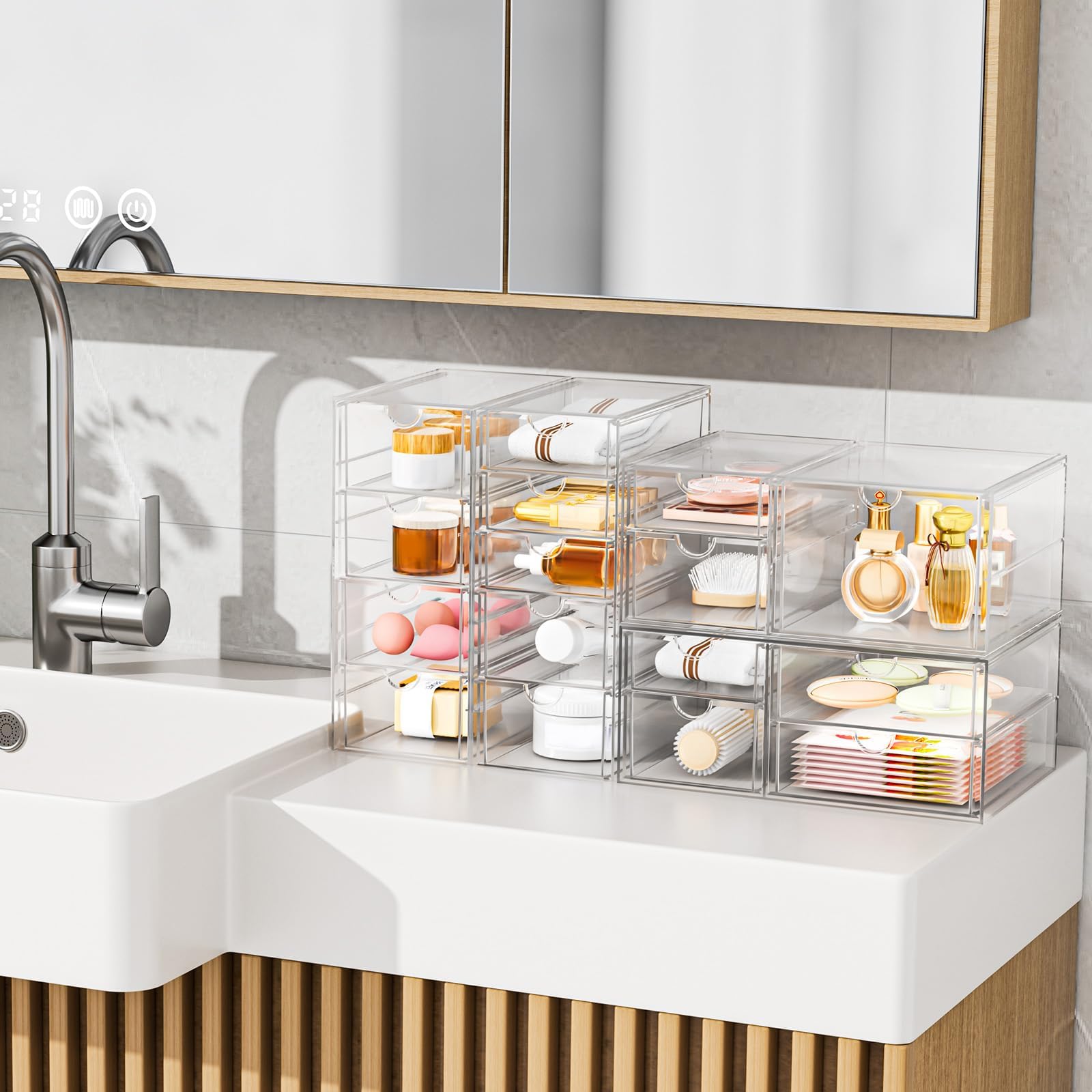 YFXCVSL Organizador de maquillaje acrílico con 31 cajones, paquete de 6 cajones de almacenamiento transparentes, organizador de maquillaje de baño para paletas, cosméticos y suministros de belleza,