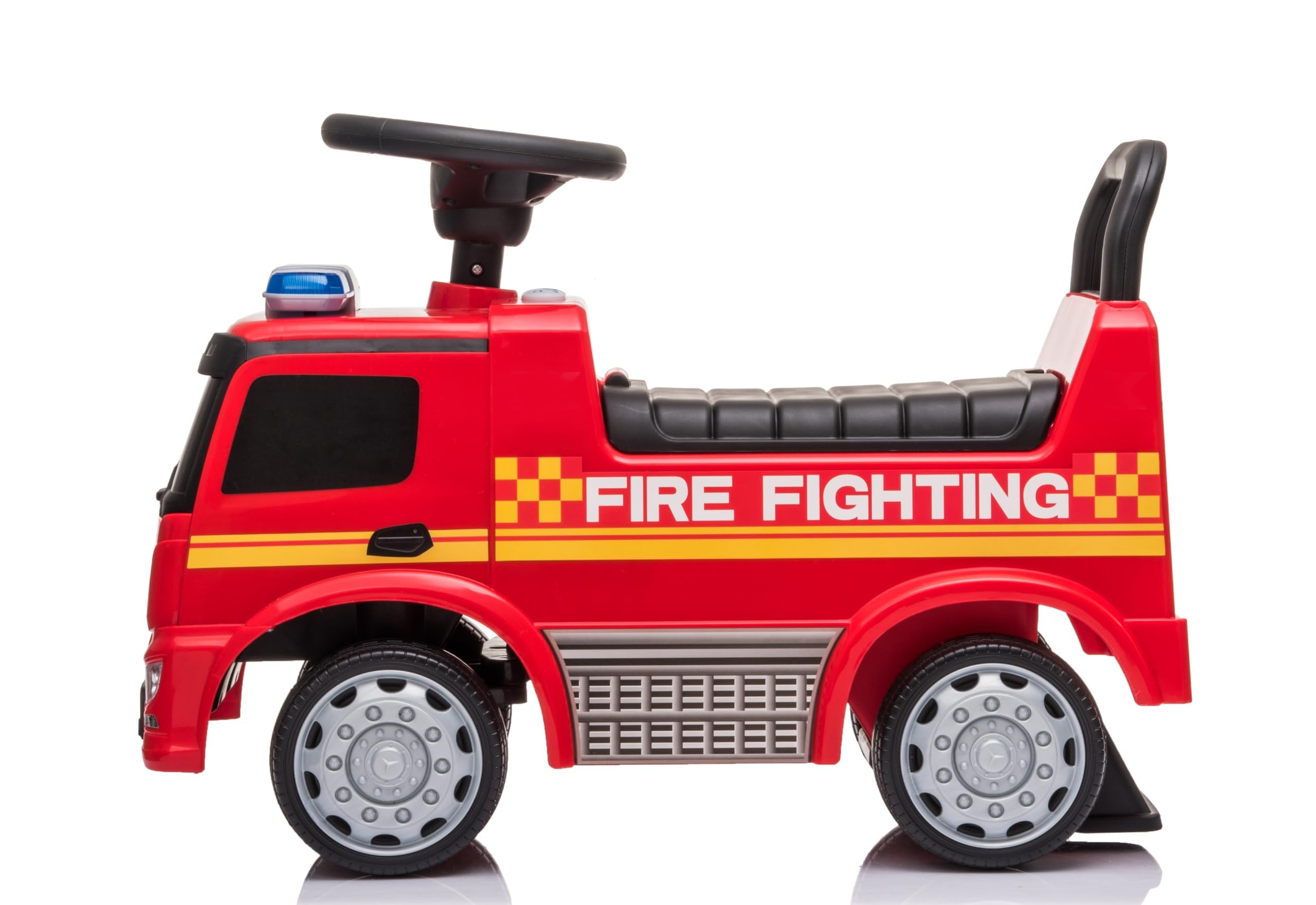 Camion Pompieri Cavalcabile Primi Passi per Bambini 1‑3 Anni con Licenza Mercedes – Sirena, Clacson, Schienale Ergonomico, Vano Portaoggetti, Antiribaltamento