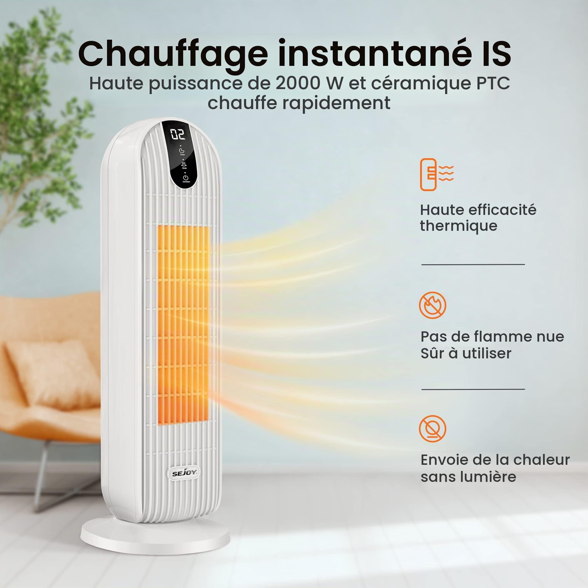 Sejoy Radiateur Soufflant, Chauffage électrique Chauffage Soufflant Economique, Chauffage d'appoint electrique, 90 ° Oscillation, Minuterie 12H, 3 Modes, Thermostat et économie d'énergie, Blanc
