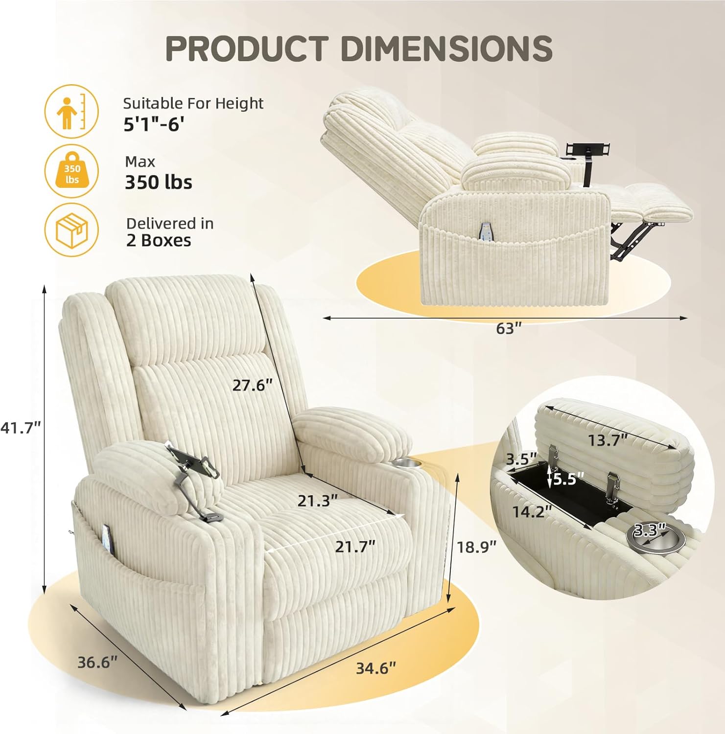 EROMMY Power Oversized Swivel Rocker Recliner with Massage and Heat, Nursery Rocking Chairs for Living Room, Comfy Glider Chair with Cup Holders, Armrest Storage,USB&Type-C Ports,Beige