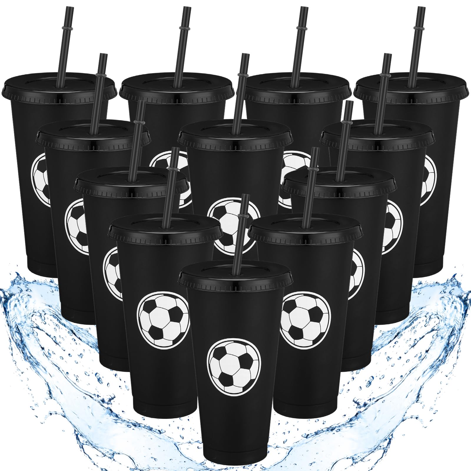 Domensi 12 Pcs Sport Soccer Plastic Cups with Lid and Straw 24 oz Reusable Plastic Cups Coffee Tumblers Gift for Fan Friend Guest Birthday Office Sport Party Supplies