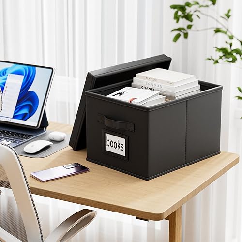 Miniatura 2 de Huolewa Caja organizadora de archivos mejorada con tapa, caja de archivos decorativa con asa, organizador de archivos colgante de lino para