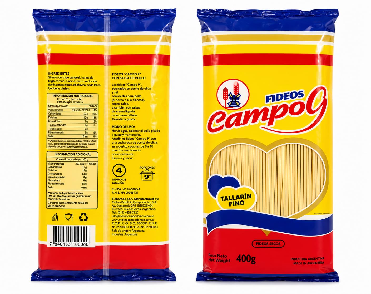 TALLARIN FINO FIDEOS CAMPO9 PACK 2x 400 G
