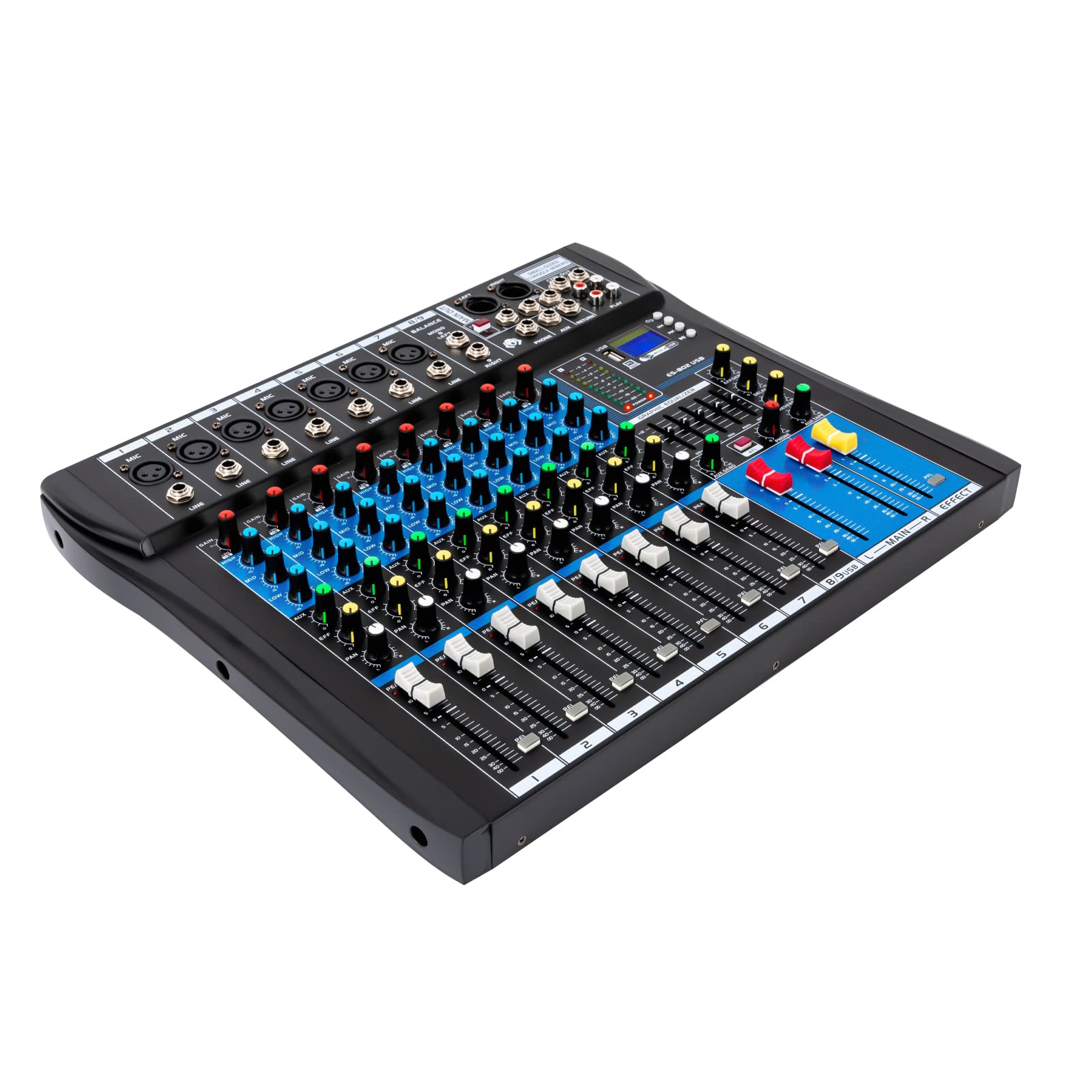 8 Kanal Audio Mischpult, Stereo Sound Mischpult Bluetooth USB Aufnahme Computerwiedergabe Konsole Verstärker USB DJ Live Mixer Bluetooth mit 10-Segment-LED-Pegelanzeige