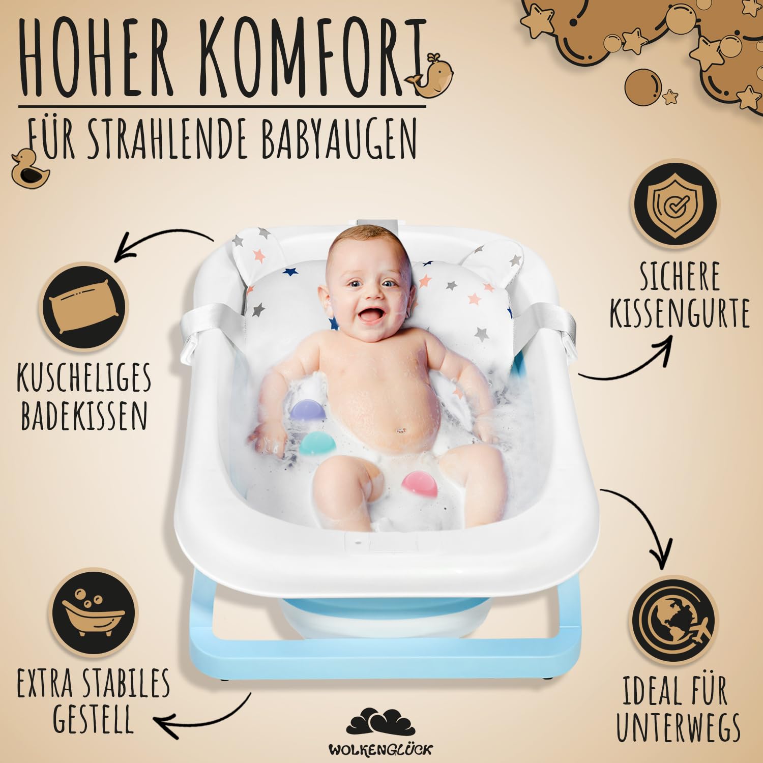 WOLKENGLÜCK® Faltbare Babybadewanne [50 Liter] - Platzsparende Baby Badewanne inkl. Thermometer, 4 Spielbällen & extra weichem Badekissen - Hochwertige Badewanne für Babys - BPA-frei