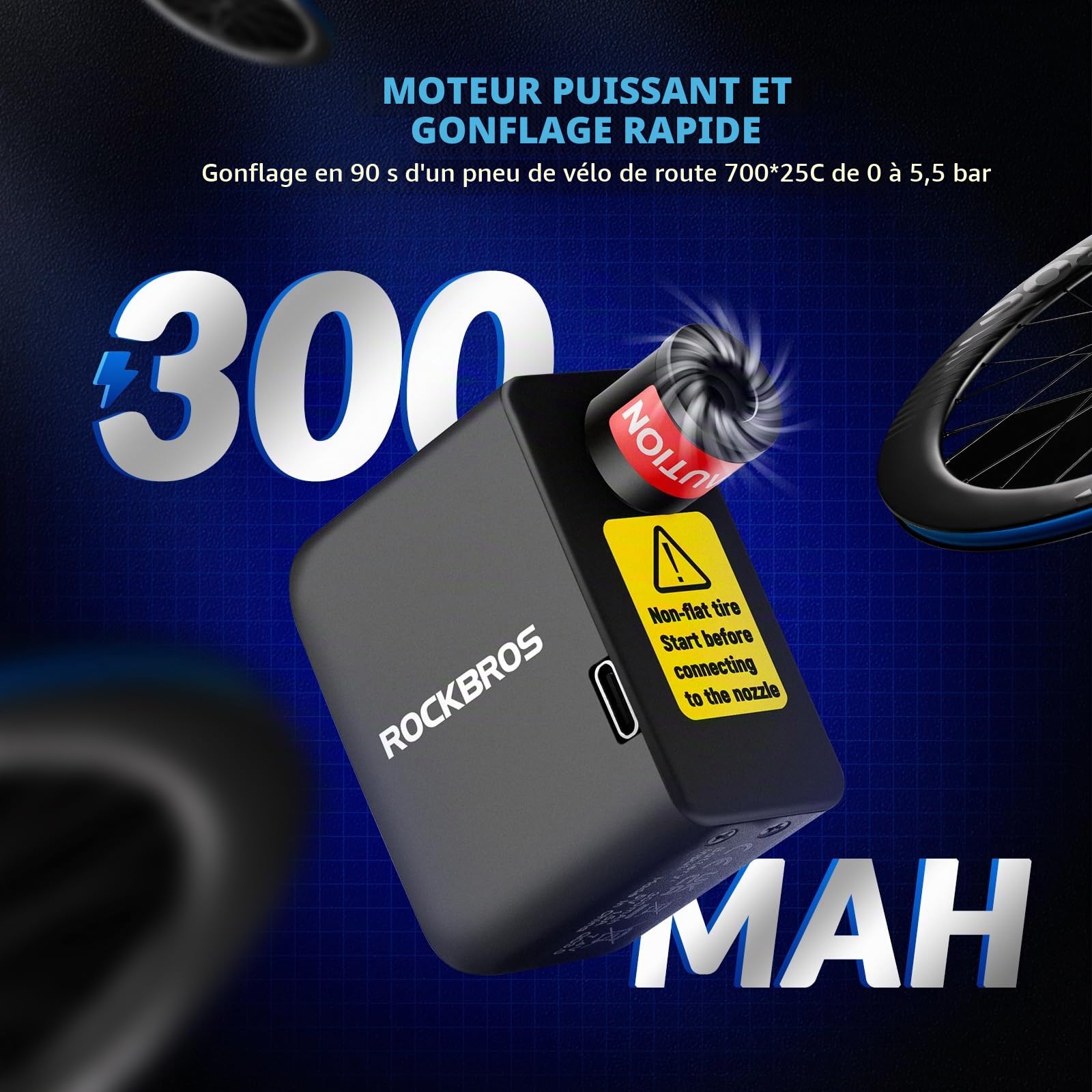 ROCKBROS Pompe à Vélo Électrique Mini, Gonfleur Roue Vélo 100PSI Petit Compresseur à Air VTT 300 mAh Pompe Mini Vélo Rechargeable Type-C pour Route VTT, Noir
