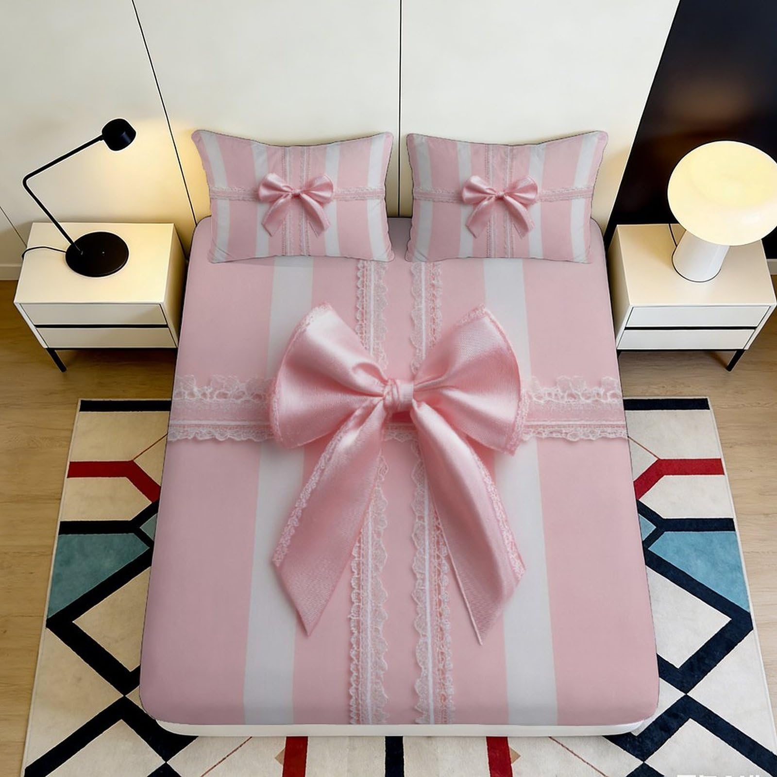3D Printed Pink Bow Fitted Sheet, Microfiber Soft Touch, Decorative Bed Cover for Bedroom, Wrinkle Resistant, Guest Room Bedding, Easy Care, Stylish Accent, Dustproof, All Ages, 120x200cm 90x200x25cm