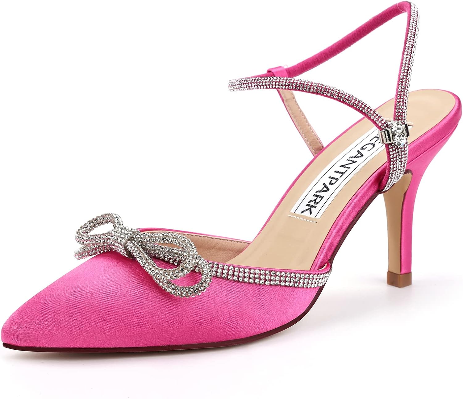 ELEGANTPARK HC2301 Hot Pink Heels for Women Pointed Toe Sexy Strappy Heels Rhinestones Bow Slingback High Heel Pumps Satin Wedding Evening Prom Dress Shoes US 8