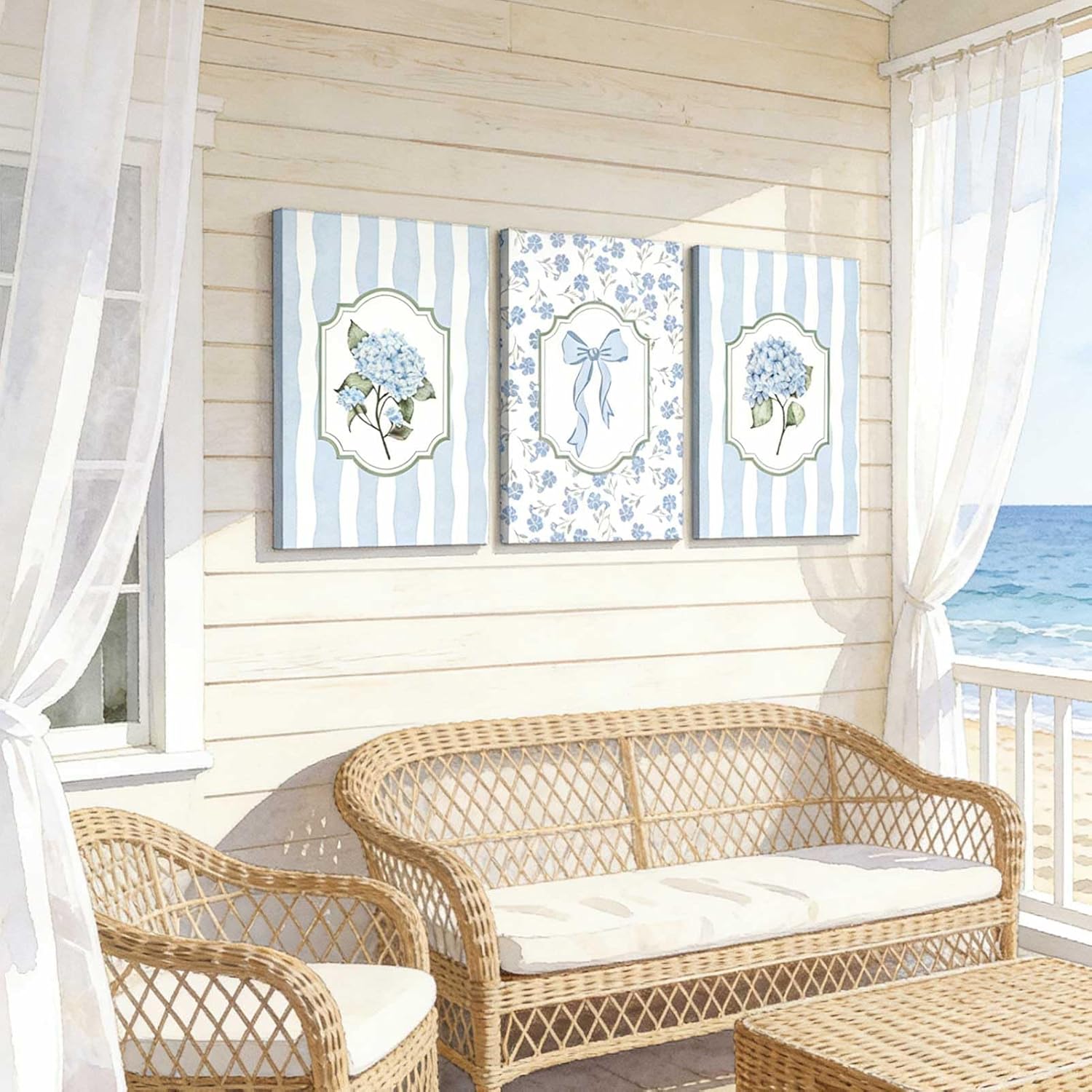 3Pcs Blue Hydrangea Canvas Wall Art Trendy Light Blue Striped Watercolor Bow Coquette Pictures Wall Decor Coastal Flower Botanical Aesthetic Posters Prints for Girls Bedroom Dorm Apartment 12x16in