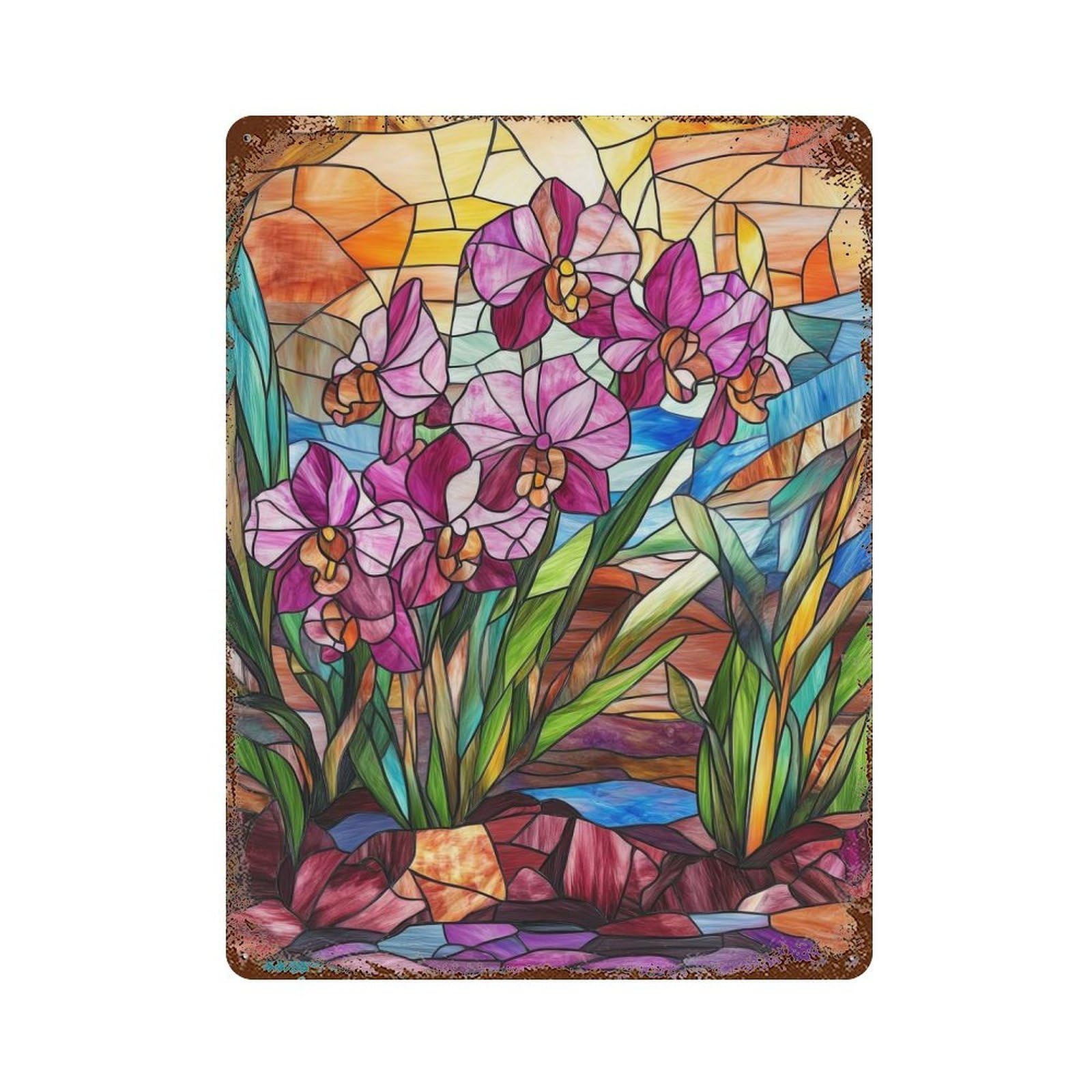 Stained Glass Orchid Rust Effect Tin Sign 15.7"x11.8", Industrial Home Decor for Garage, Bar And Workshop Decor