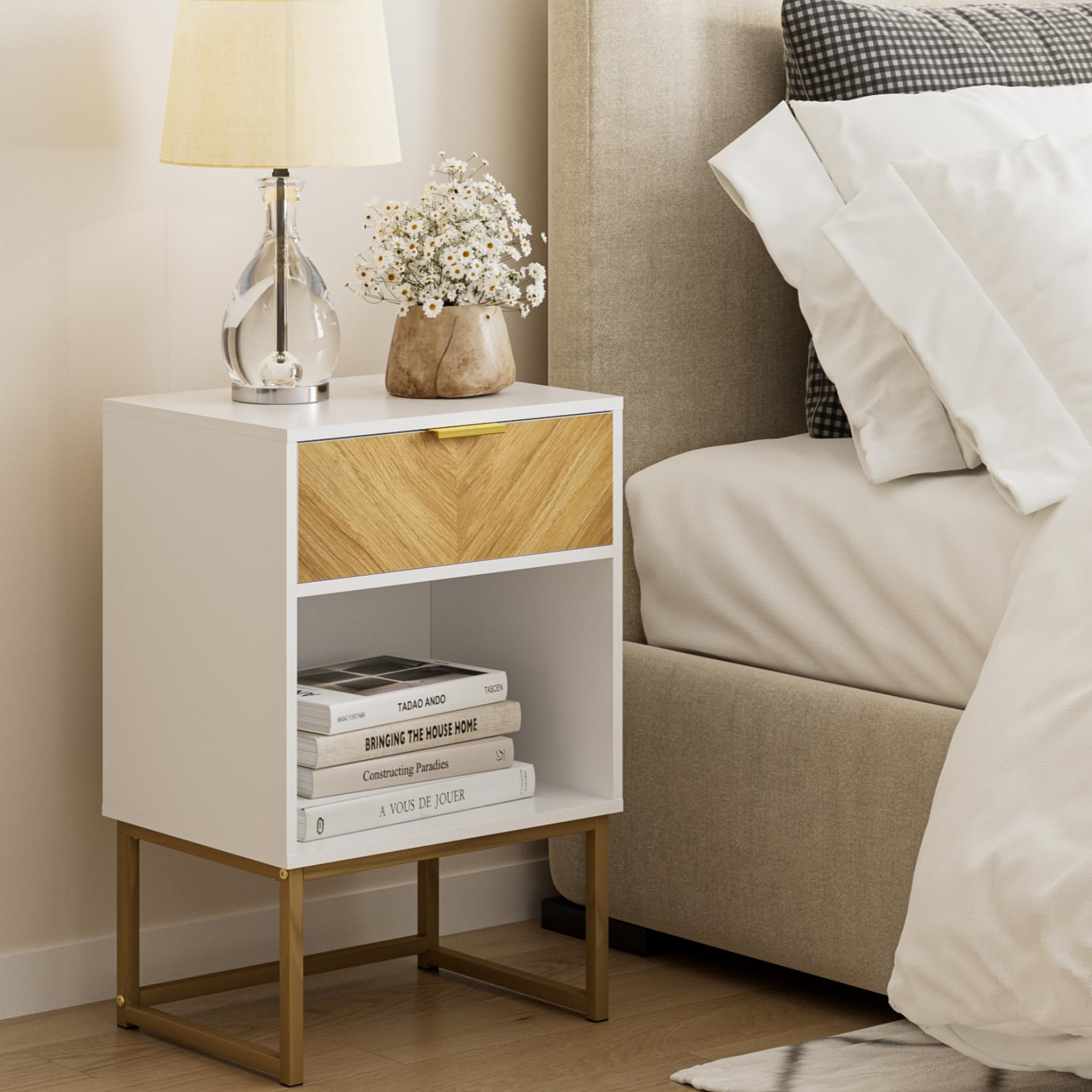 HEYZOEY® Bedside Table with Drawer and Large Shelf, 15.7" Wide Nightstand, Modern Bedside Cabinet Table for Bedroom, Living Room, Office (15.7" × 11.8" × 23.6", White)