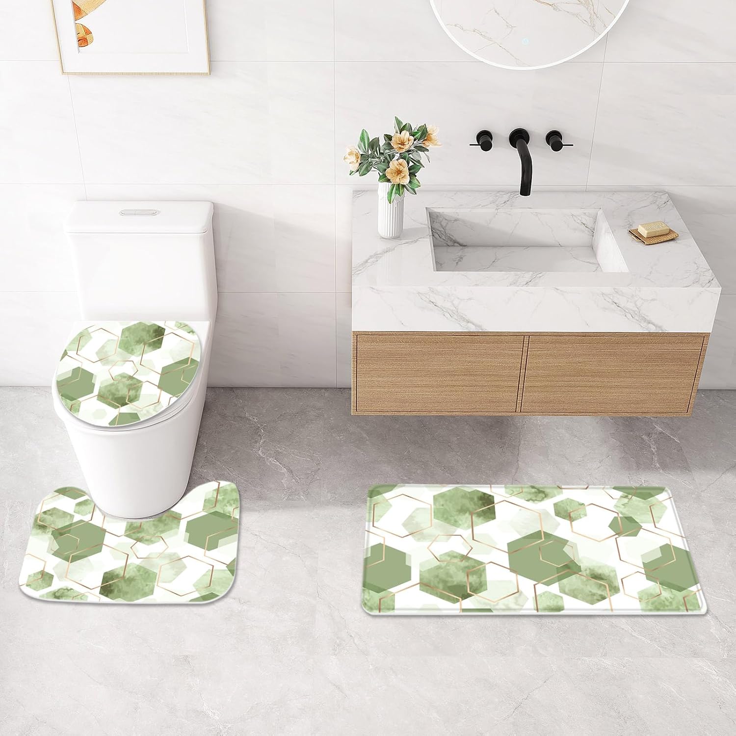 Litabel 4 Pcs Sage Green Modern Geometric Shower Curtain Set with Non-Slip Rugs, Toilet Lid Cover and Bath Mat, Abstract Bathroom Decor Set with Shower Curtain and Rugs