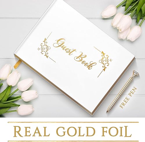 Miniatura 8 de DUXOV Libro de invitados de boda, Libro de visitas de boda con pluma de oro, Libro de invitados de boda estampado de oro, Libro de invitados de