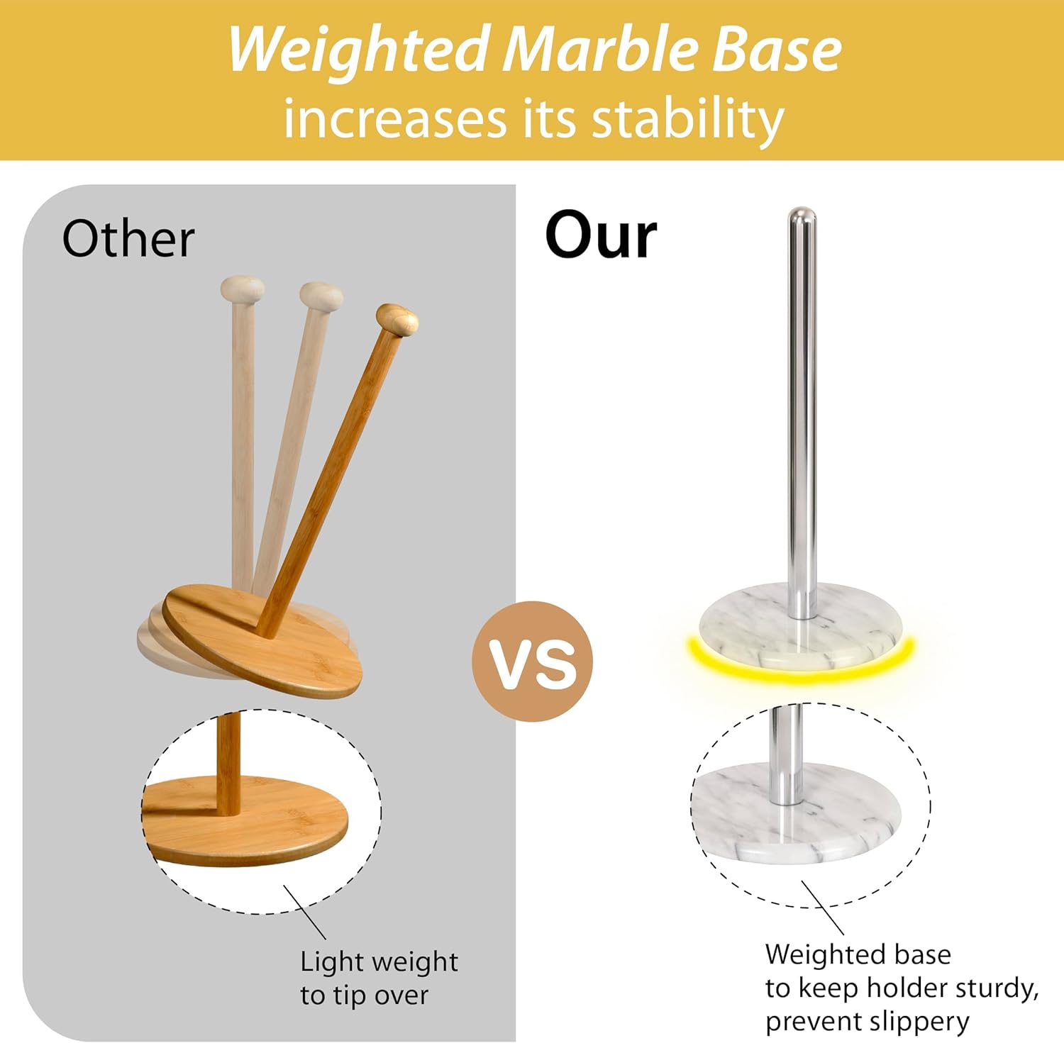Creative Home Natural Marble Base Paper Towel Holder Countertop, Stable Roll Dispenser with Chrome-Plated Pole for Kitchen Bathroom, Elegant Organization Décor, 5.5 D x 12.6 H Inch, Off-White