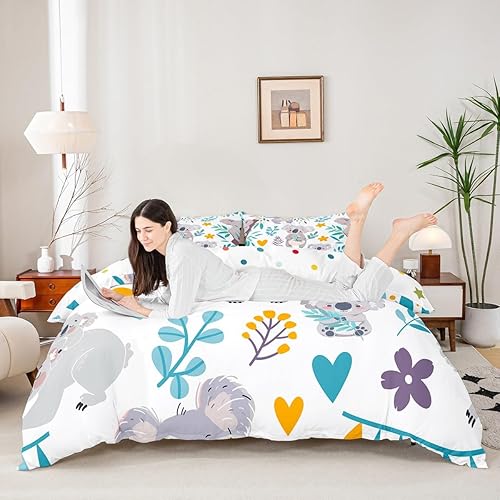 Miniatura 3 de Juego de funda de edredón de koala para niños, diseño de animales salvajes, hojas y ramas florales, funda de edredón botánica de oso de dibujos