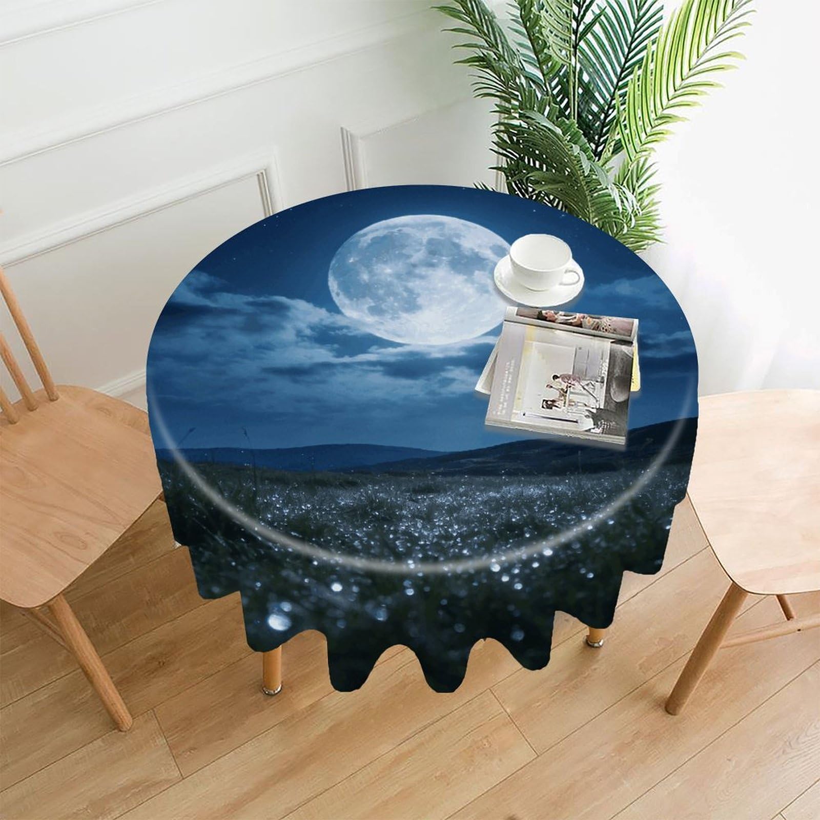 LZQPOEAS Moon Night Tablecloth Easy to Clean Polyester Round Table Cover Washable Round Table Cloth Wrinkle-Free Circle Decoration Tablecloth for Kitchen and Dining Room 60"