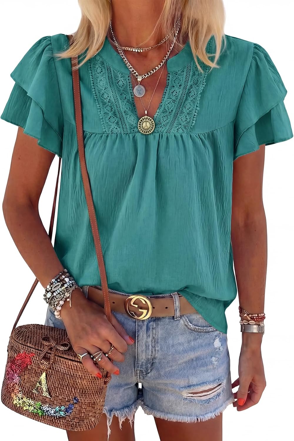 HEYTALALA Womens Summer Blouses Dressy Casual Cute V Neck Ruffle Short Sleeve Tops Business Work Shirts 2025 Trendy Blue Green S