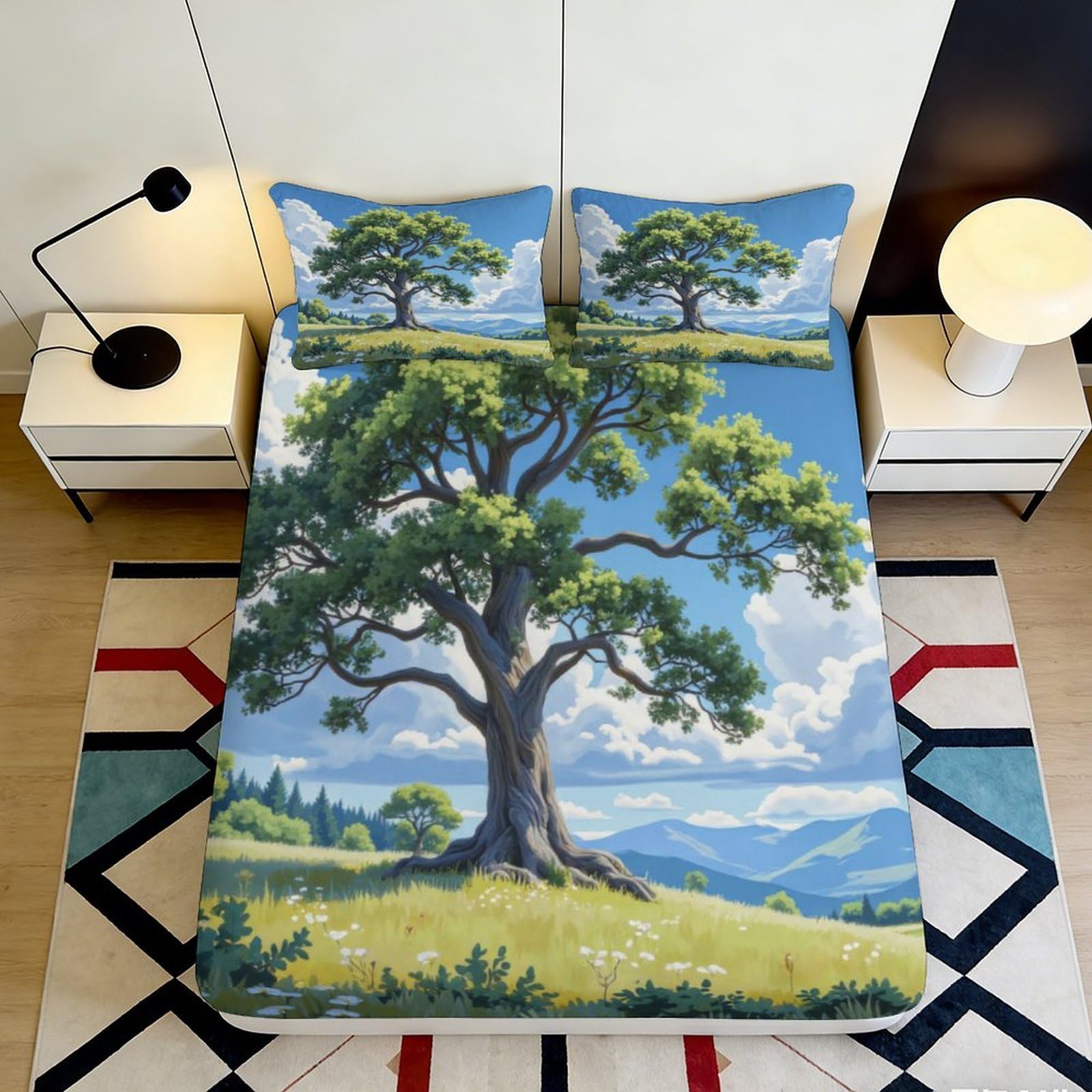 Pnayamiorkfel Style-5 3D Printed Tree Landscape Fitted Sheet Microfiber Soft Breathable Nature Scene Bed Cover For Bedroom Dorm Decor 90X200x25cm