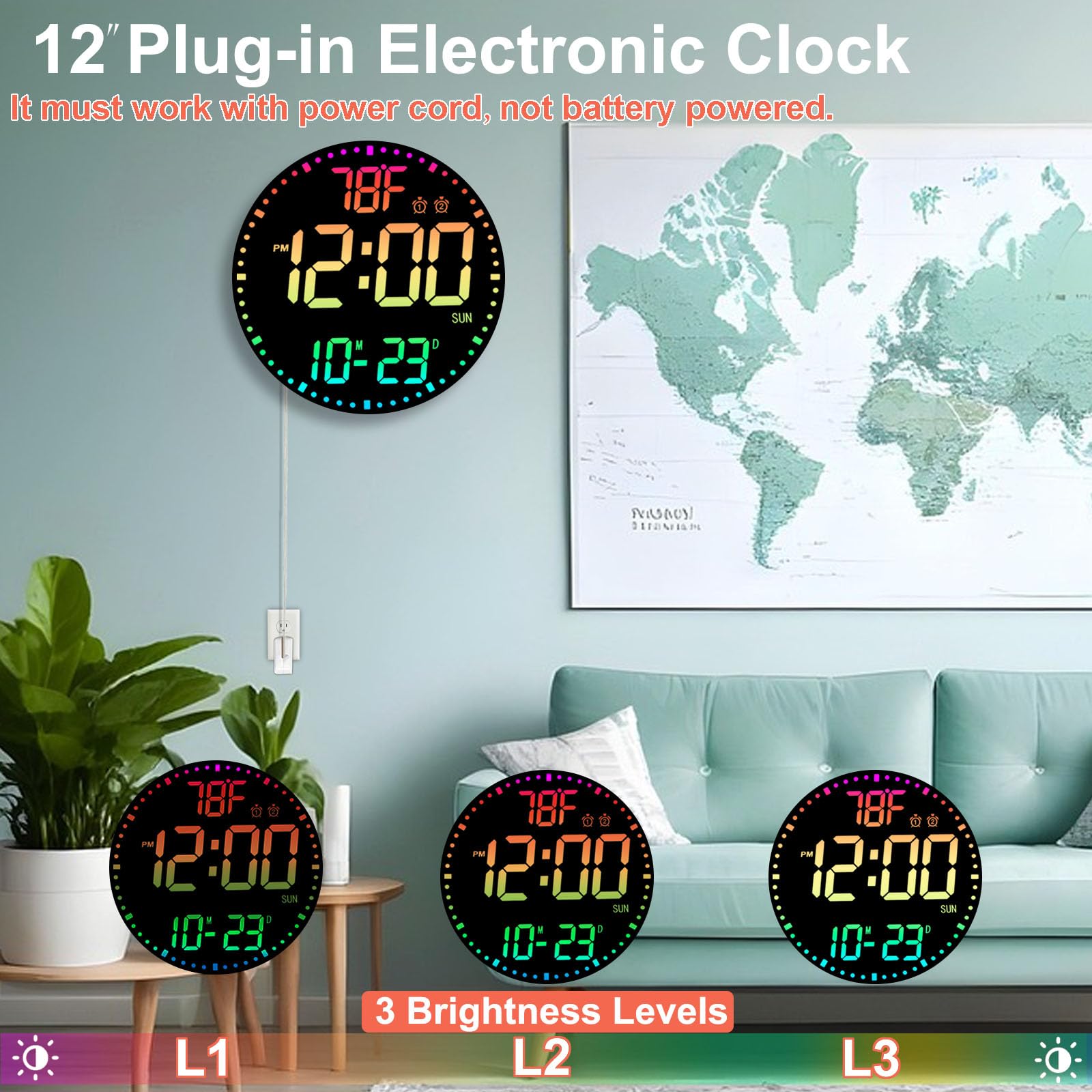 QINFIEY Grande horloge murale numérique RVB à changement de couleur avec télécommande | Affichage LED avec 3 niveaux de luminosité et affichage de la température | Parfaite pour la maison, la salle de