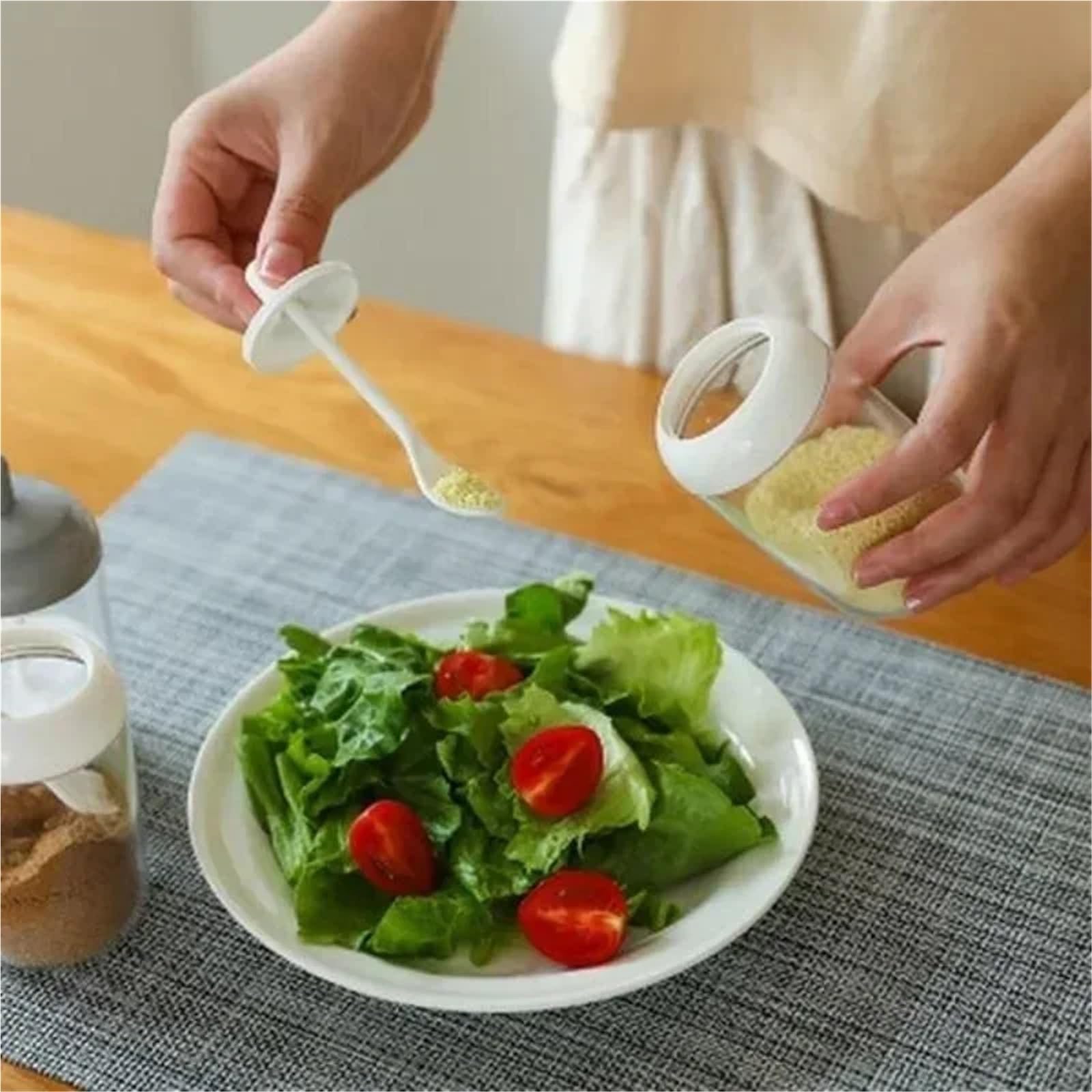 Tarro de especias redondo con tapa, cuchara, botella condimento, caja sellado, organizador cocina, 2 uds(Grey)