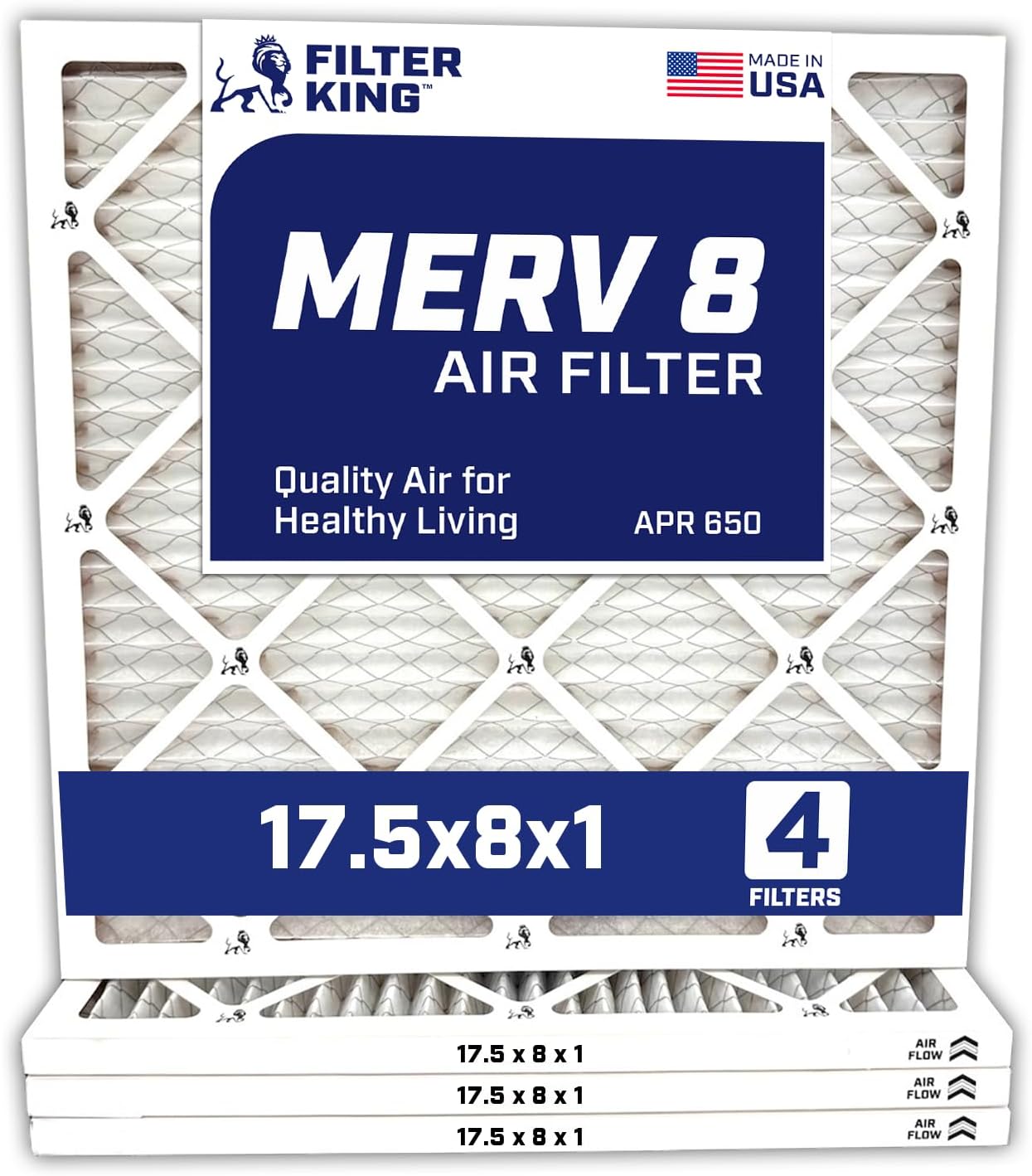 Filter King 17.5x8x1 Air Filter | 4-PACK | MERV 8 HVAC Pleated A/C Furnace Filters | MADE IN USA | Actual Size: 17.5 x 8 x .75"